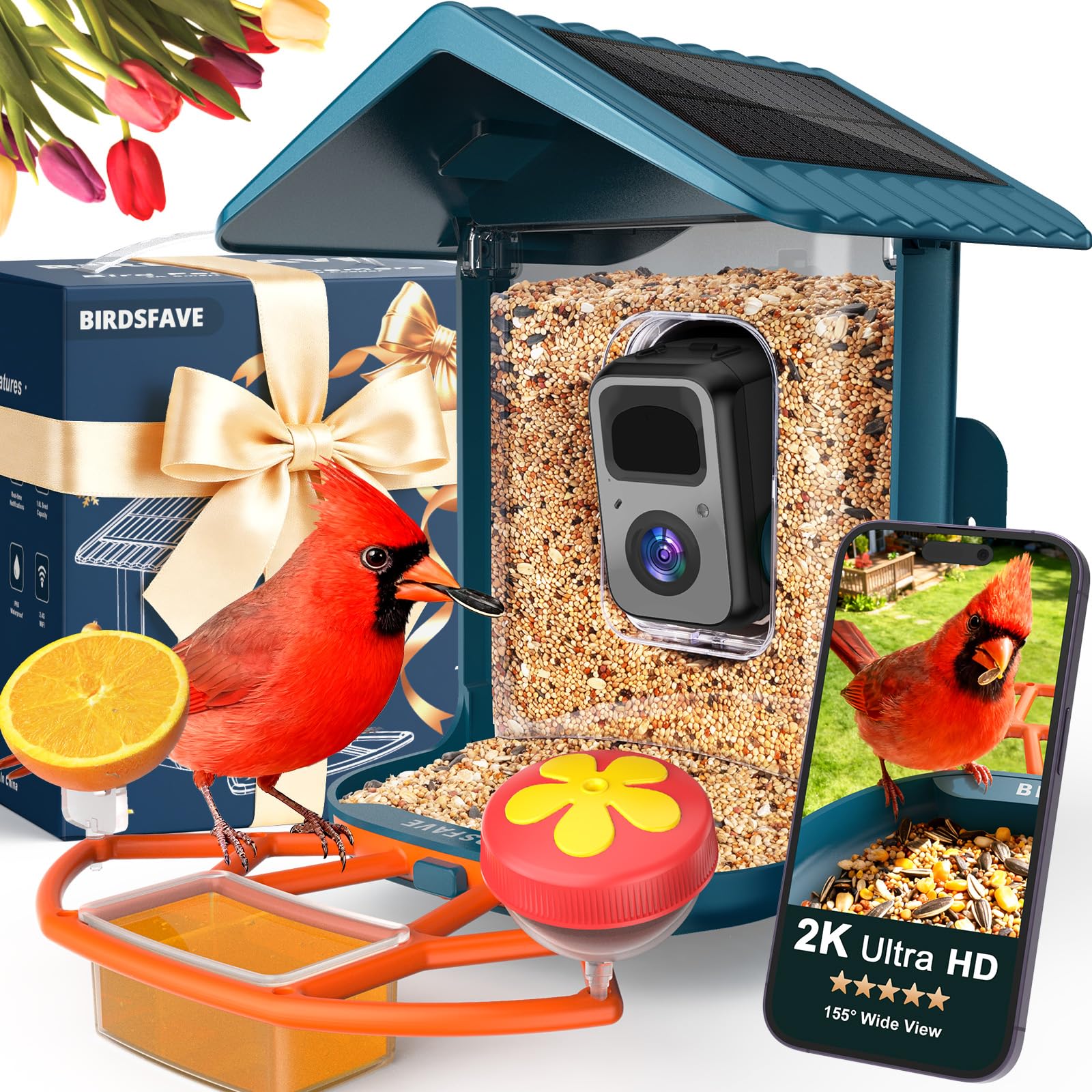Photo 1 of BIRDSFAVE Bird Feeder with Camera Solar Powered, 2K Live Arrival Alert Auto Capture Video with 32GB TF Card, AI Identify Smart Camera Bird Feeder Ourdoor Backyard Gift for Mom Dad Birdlover, 2.4G WiFi