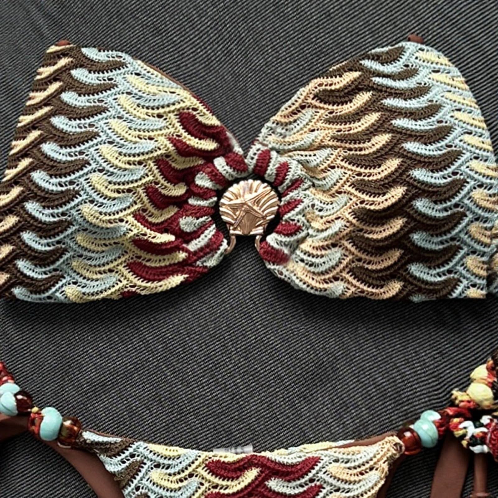Bikini Mujer Mujeres Ganchillo Conjunto Ondulado Patrón Bandeau Parte Superior Corbata Tanga Traje De Baño-1-m