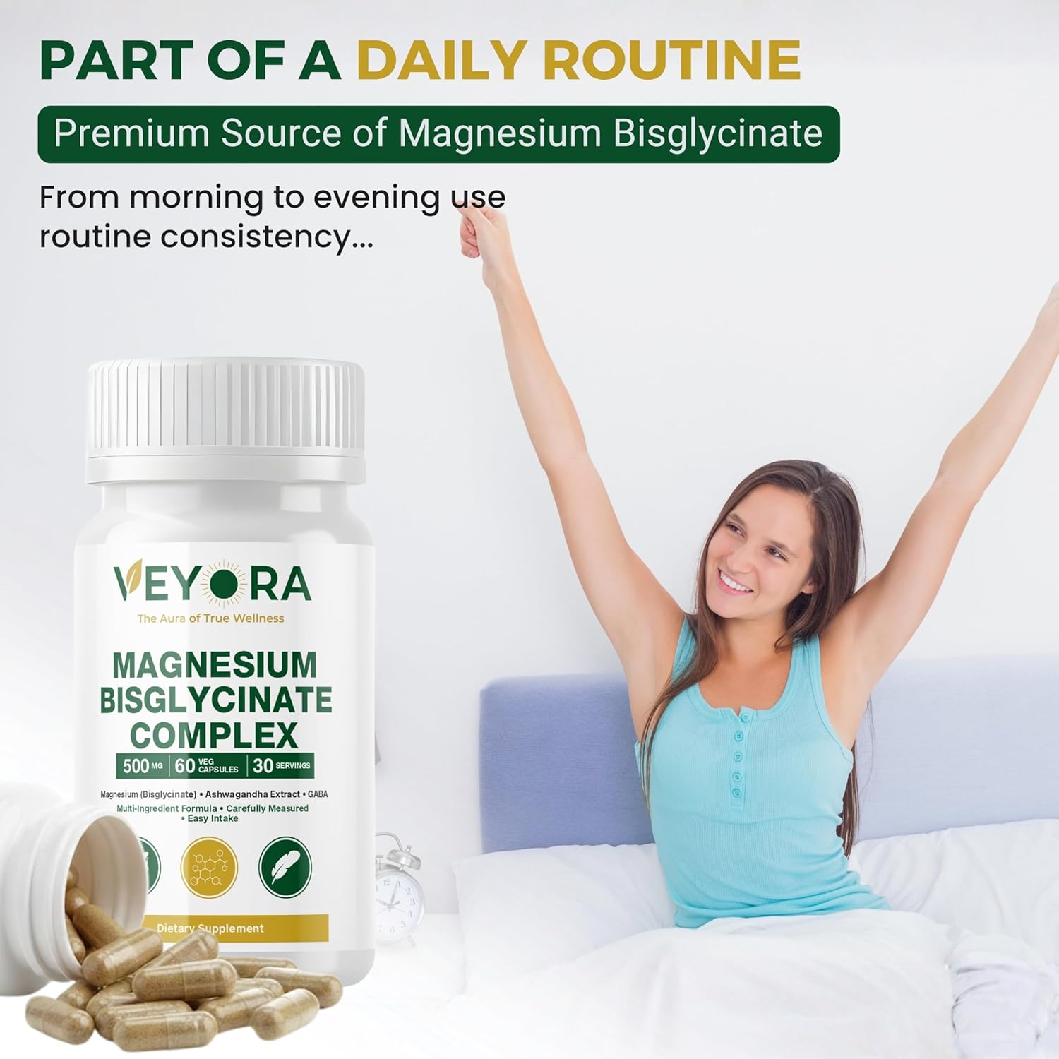 Magnesium Bisglycinate Complex Capsules | 120 mg Magnesium per Serving | with KSM-66® Ashwagandha, GABA, L-Theanine & Melatonin | 60 Veg Capsules | Made for USA
