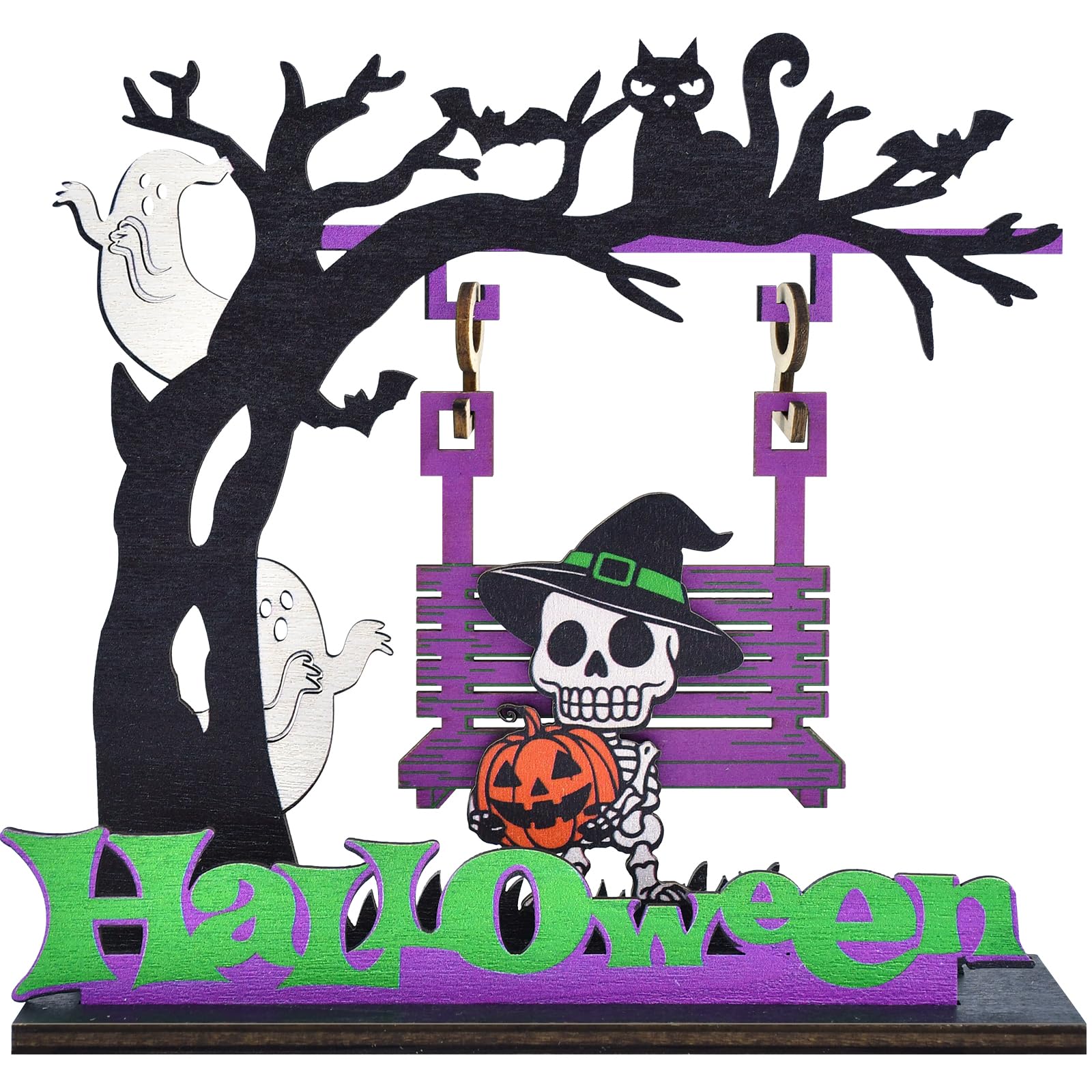 Gistome Purple Halloween Skeleton Ghost Swing Decor – Wooden Spooky Skeleton Pumpkin Ghost Tree Tabletop Sign For Tiered Tray, Shelf, Mantel And Halloween Farmhouse Decorations