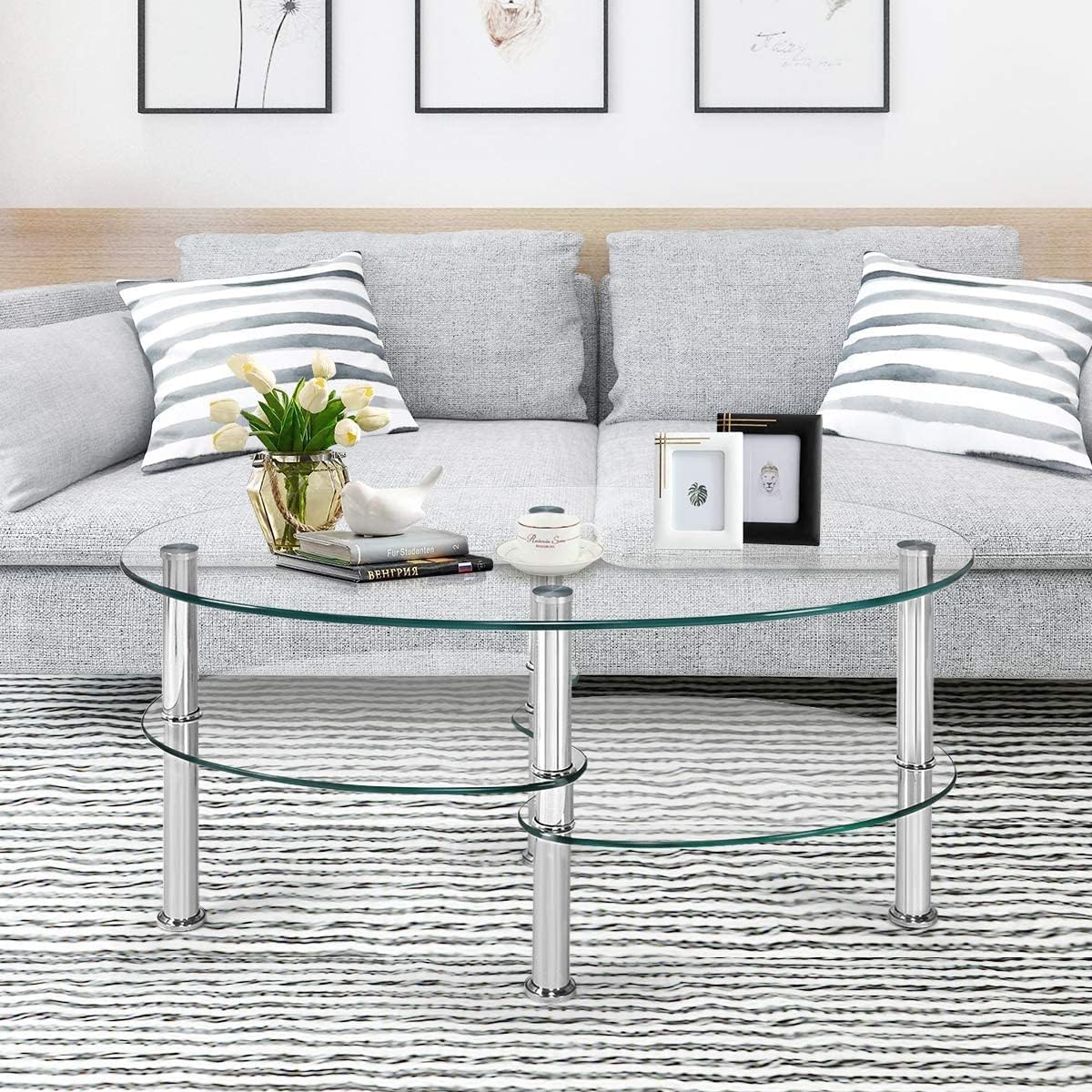 Moccha Glass Coffee Table, 3-Tier Modern Oval Smooth Glass Tea Table w/Spacious Glass Desk-Top & Sturdy Chrome Plated Legs, End Table for Home Living Room Office Reception (Clear)