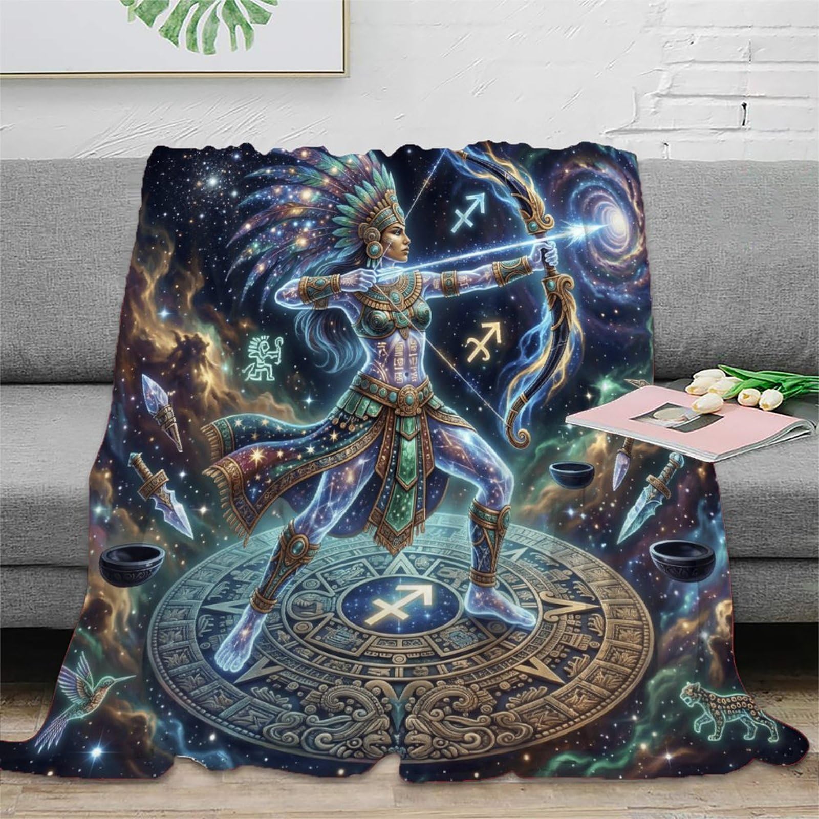 H3B8U2Y5 Sagittarius Zodiac Aztec Flannel Throw Blanket, Bed Camping Travel