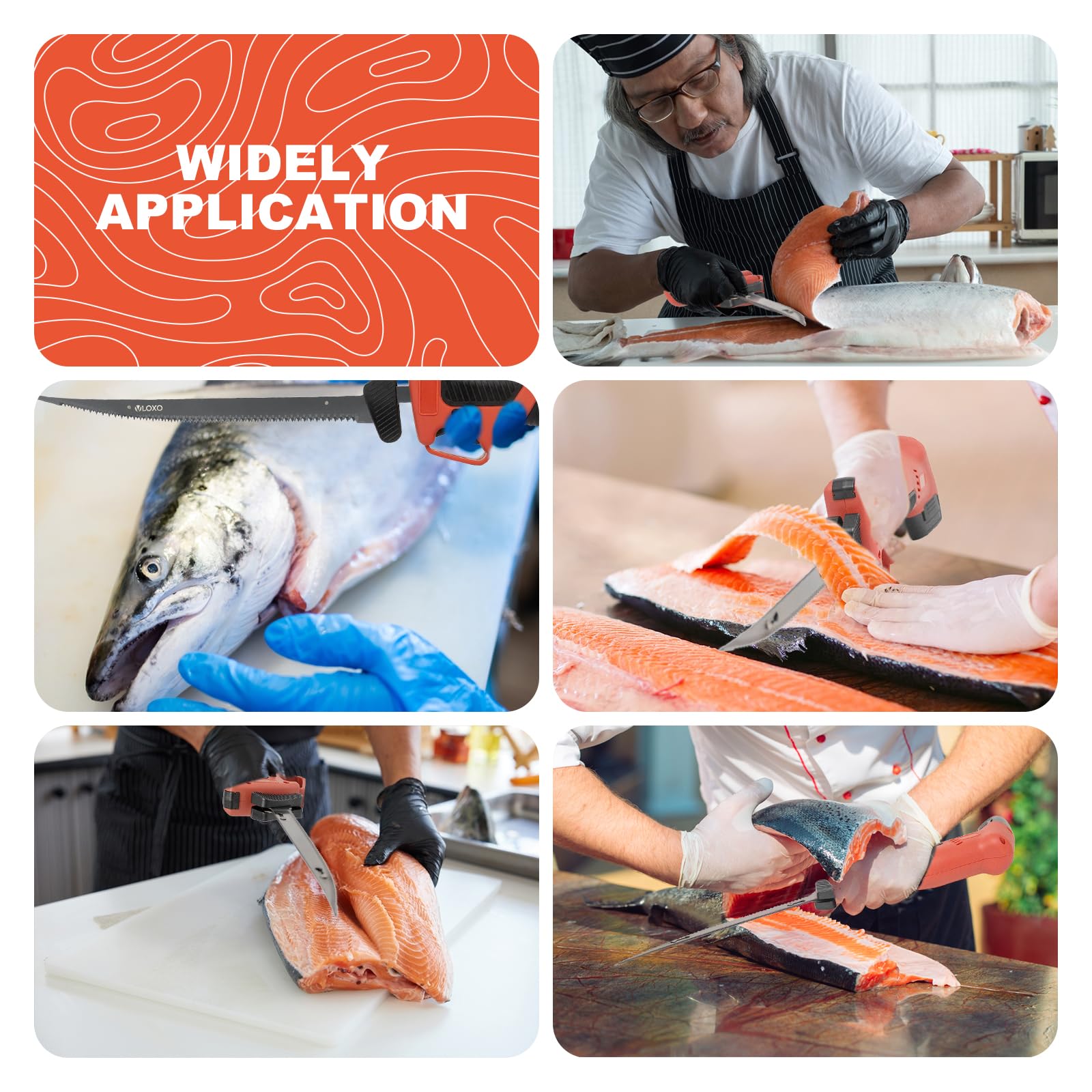 VLOXO Coltello elettrico da Cucina, Coltello per Carne ricaricabile con 4 lame doppie in acciaio inox Electric Knife per alimenti surgelati Carne Interruttore di Sicurezza senza fili Lame Estraibili
