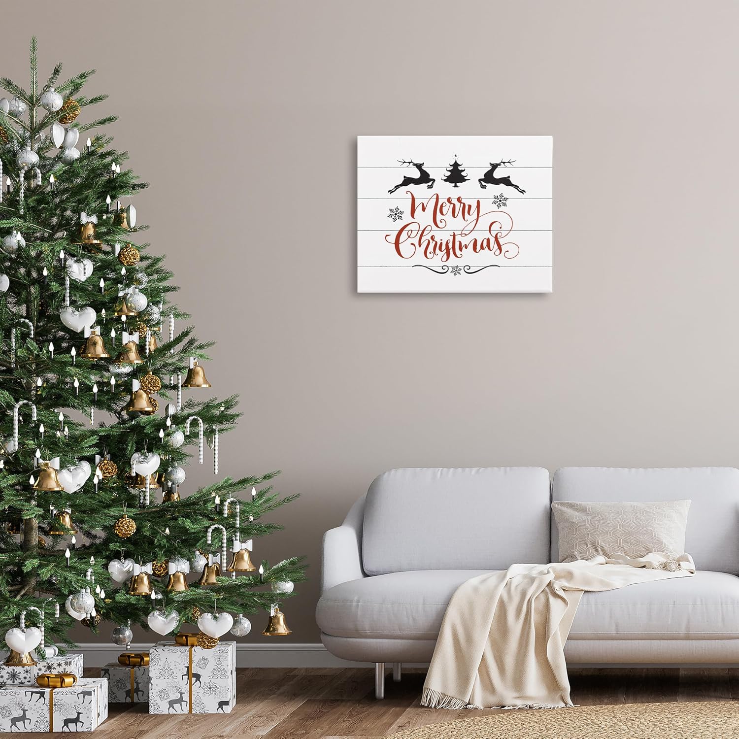 the stupell home décor collection holiday merry christmas elegant reindeer black white and red typography stretched canvas wall art, 24 x 30, multi-color gallery wrapped canvas 30"l x 24"w