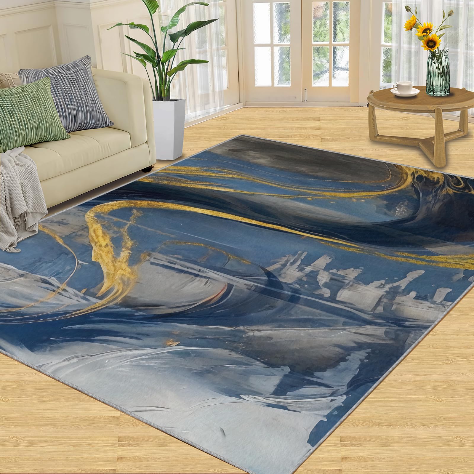 Tapis Abstrait dégradé pour Chambre à Coucher, Cuisine, antidérapant, Lavable, à Poils Courts et Doux, Motif marbré Bleu, Gris, doré, 60 x 120 cm