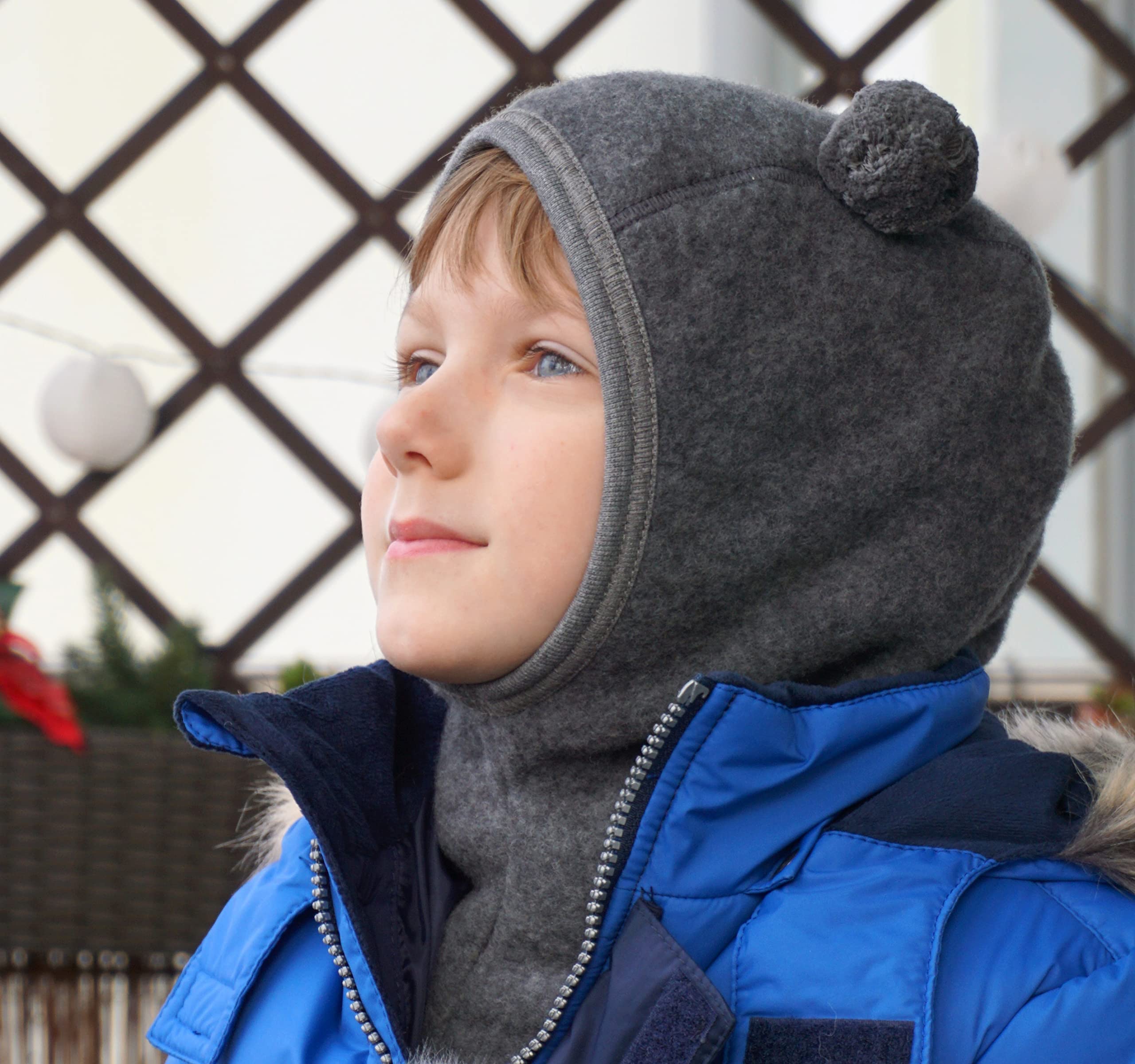 tevirP 100% Merino Wool Fleece Balaclava Baby Children Kids hat Organic Pompons 0803712 (10-18 Months, Grey)