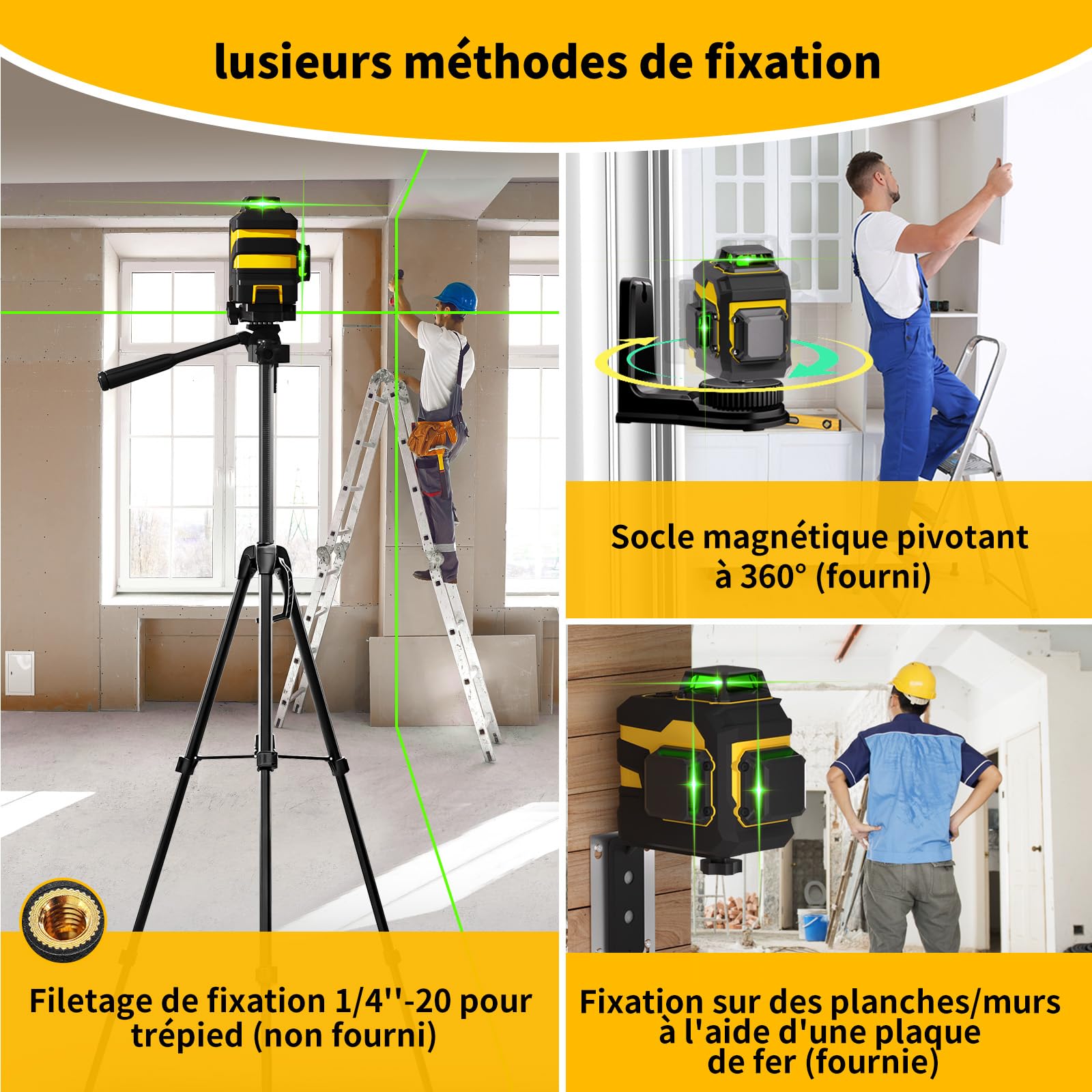 Niveau Laser mit répied，3x360°Laser Chantier Autonivelant vert 3D,rotatif avec 59.9inch trepied Réglable, 5200mAh Batterie Rechargeable