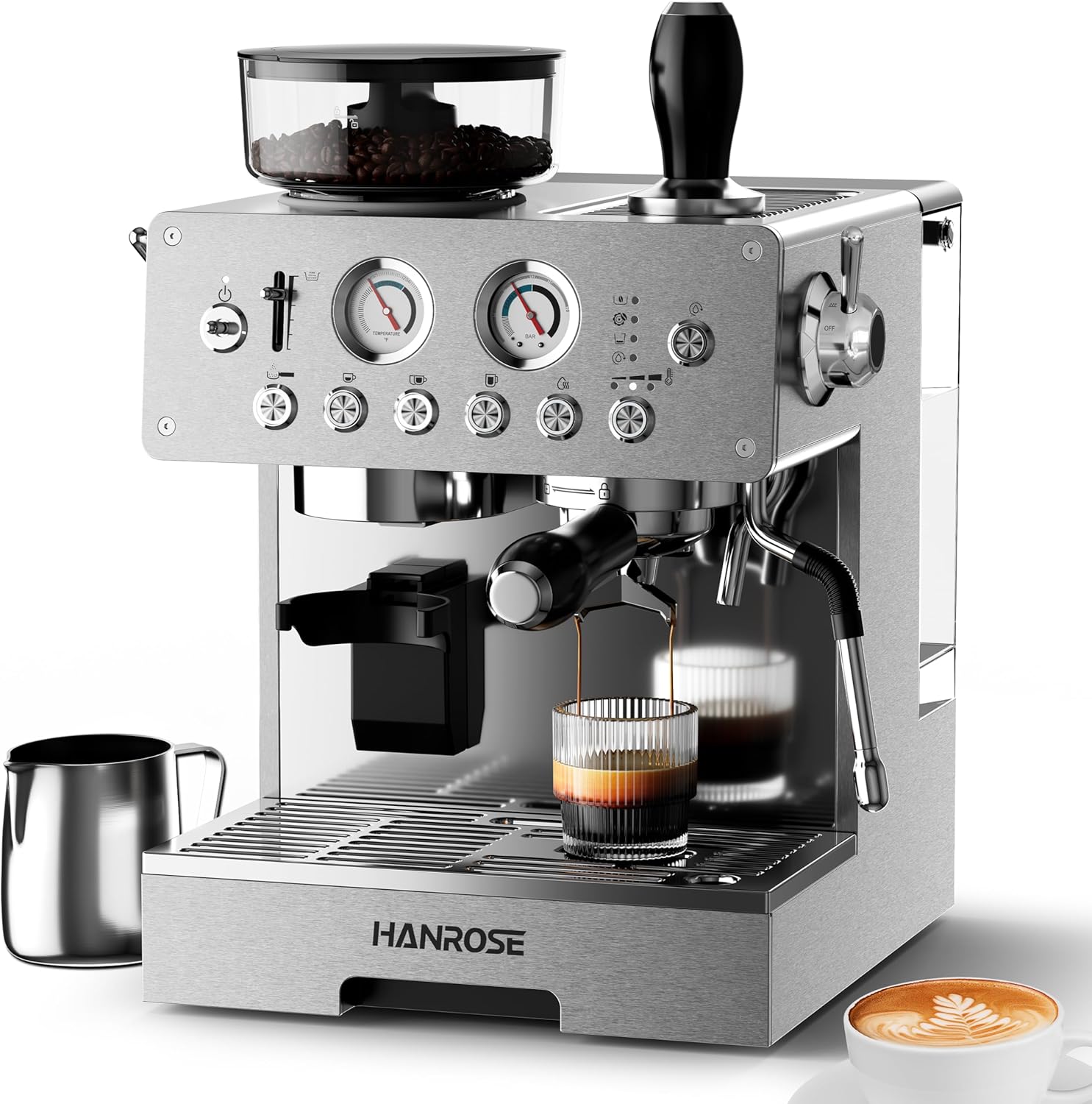 Espresso Machine with Grinder, 20Bar Espresso Machine Stainless Steel, Coffee Machine with Milk Frother for Latte/Cappuccino, Adjustable Temperature, Independent Hot Water & Americano Function