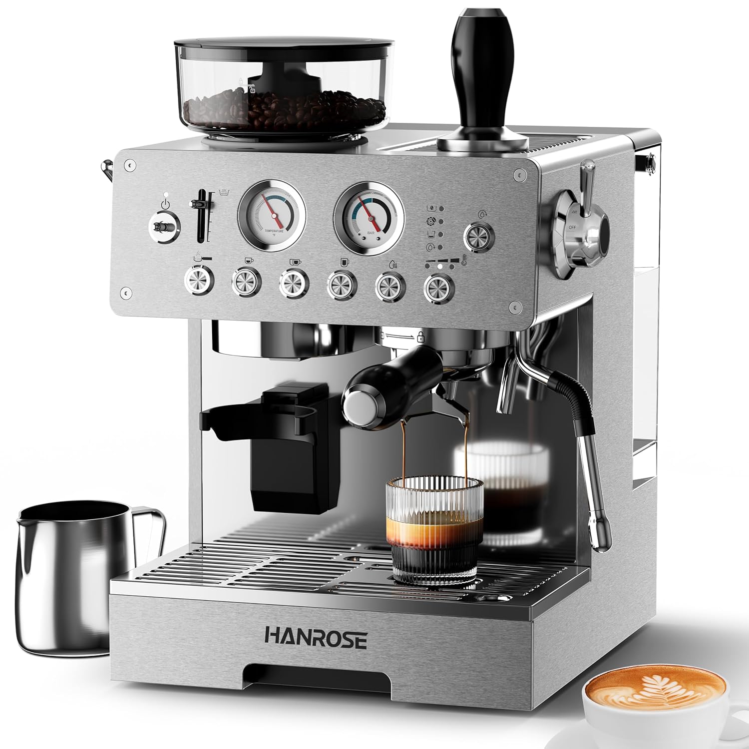 Espresso Machine with Grinder 20Bar Espresso Machine Stainless Steel Coffee Machine with Milk Frother for Latte Cappuccino Adjustable