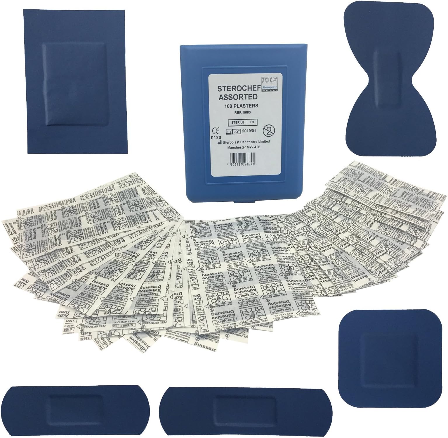 Sterochef STEROPLAST PREMIUM THIN BLUE CATERING CHEFS KITCHEN STERILE HYPO-ALLERGENIC FIRST AID 100 ASSORTED PLASTERS WITHOUT PLASTIC CASE