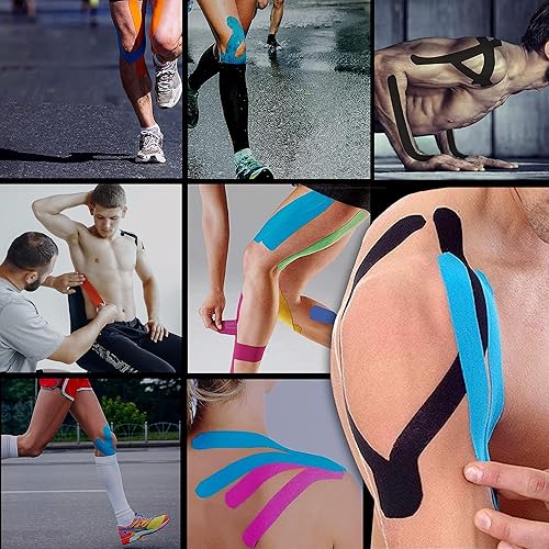 Miniatura 7 de EVERLIT Paquete de 4 Cinta elástica precortada de algodón kinesiología terapéutica deportiva, para aliviar el dolor y apoyo, 80 tiras precortadas de