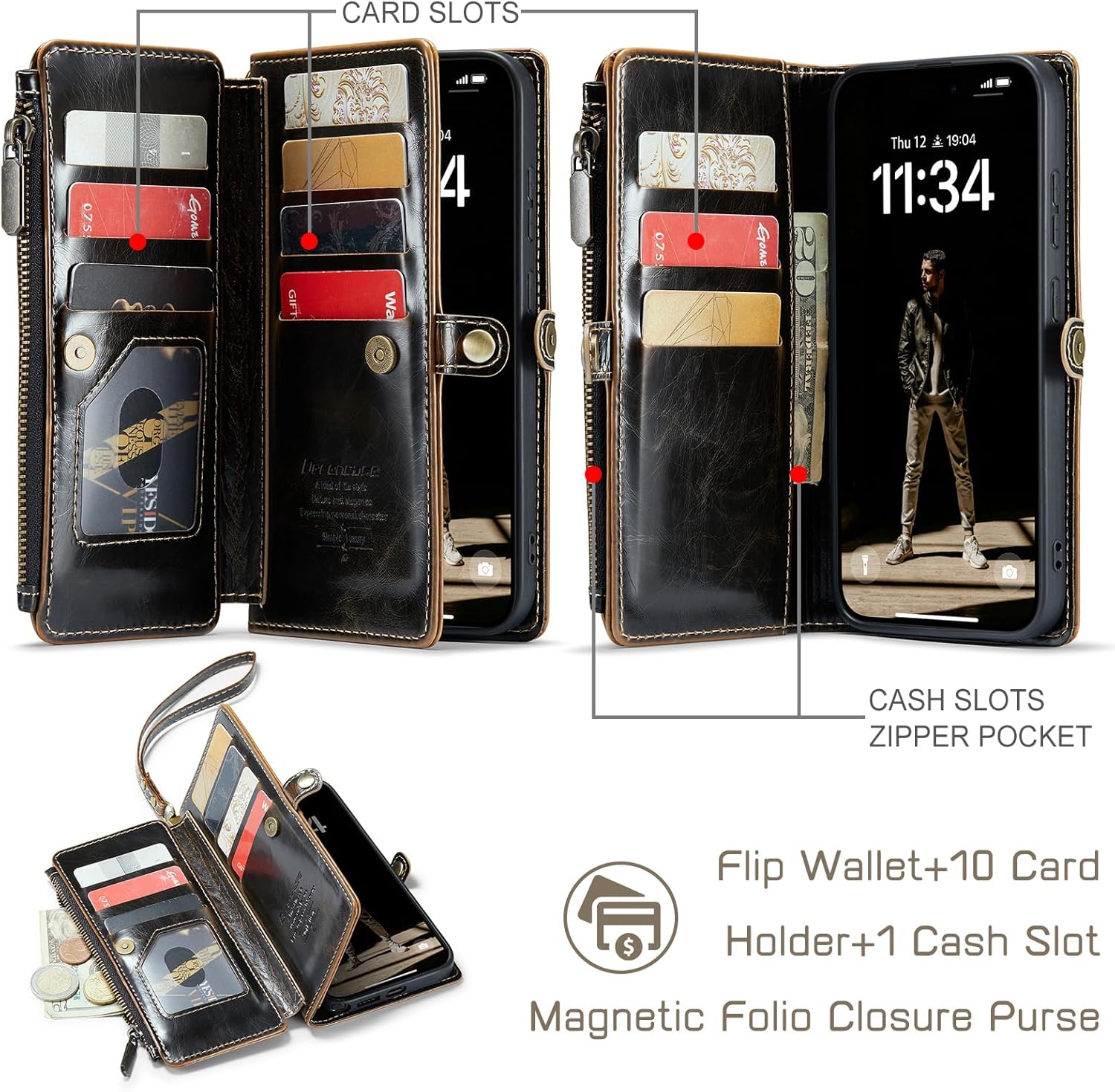 Defencase for Galaxy S26 Ultra Case Wallet with RFID Blocking Card Holder for Women Men, PU Leather Magnetic Snap Flip Wrist Strap Zipper Wallet Phone Cases for Samsung Galaxy S26 Ultra 6.9", Coffee