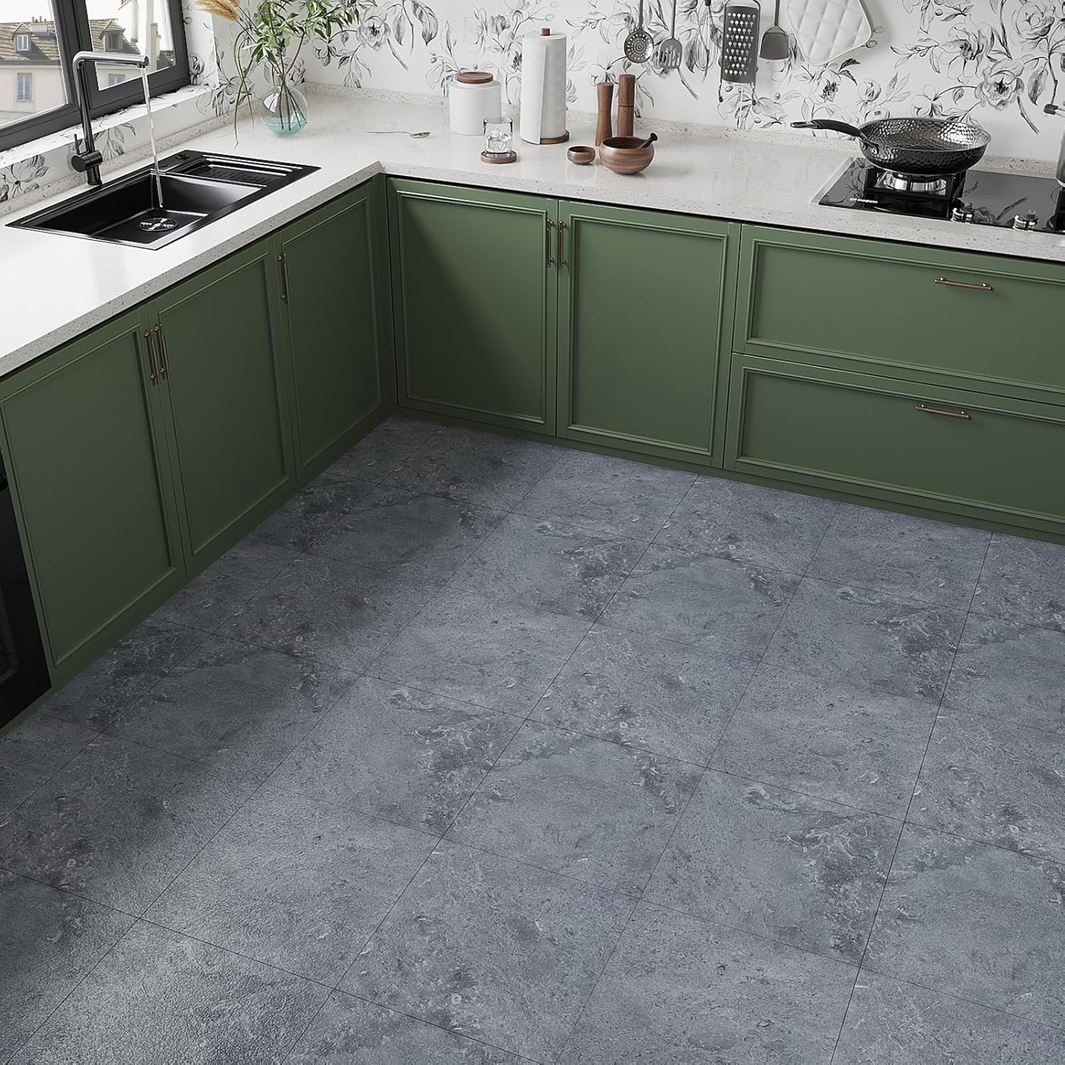 VaryStyle 18-Sheet Vinyl Flooring Grey Concrete Peel and Stick Floor Tiles Waterproof 12"x12" Sticky Tiles for Floor Self Adhesive Removable Stick on Floor Tile for Kitchen Bathroom Basement Flooring