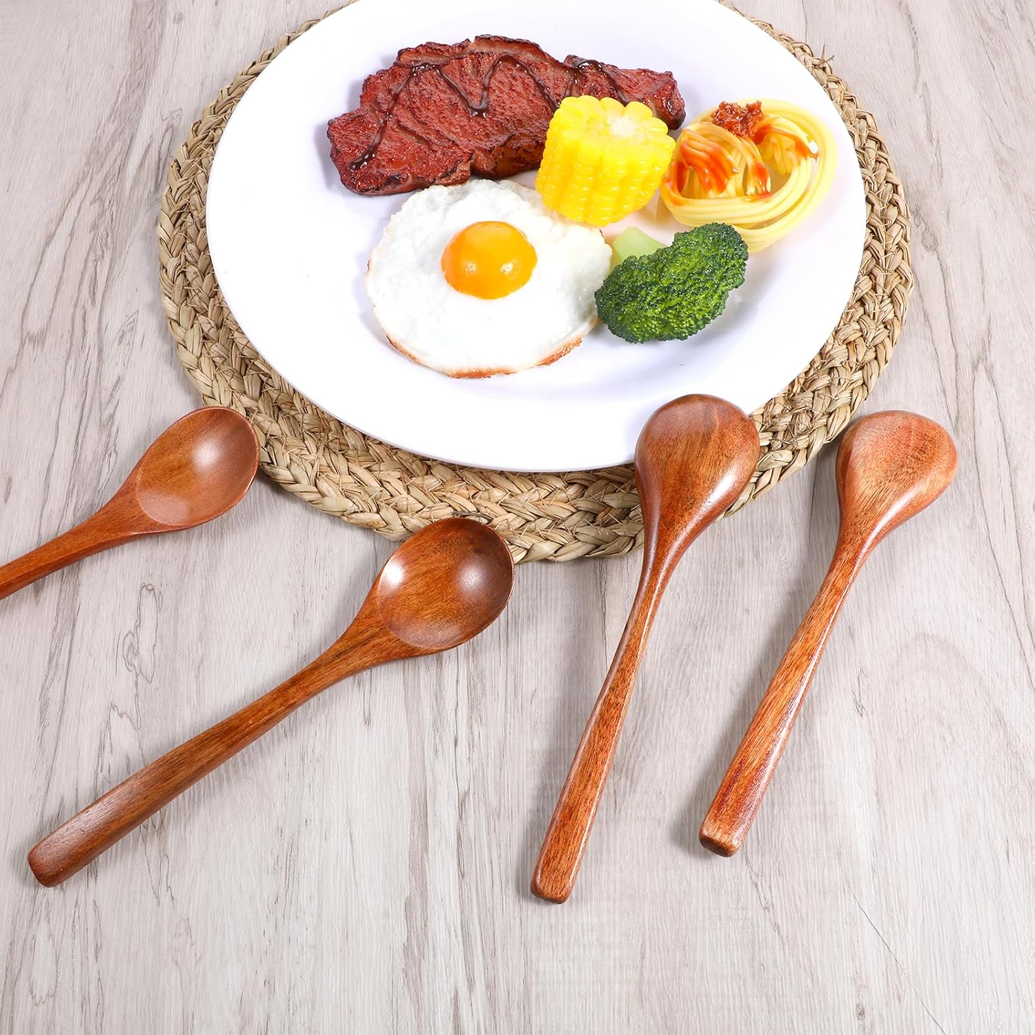 4 PCS Wooden Spoons for Eating, 7 Inch Wooden Soup Spoons