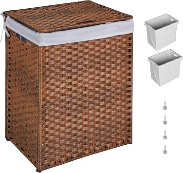 Laundry Hamper with lid, No Install Needed, 100L Wicker Laundry Baskets Foldable 2 Removable Liner Bags, 2 Section Clothes Hamper Handwoven Rattan Laundry Basket with Handles Brown