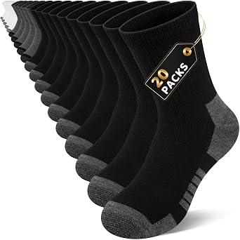20 Pairs Boys Crew Socks - Black White Gray Bulk Pack, Breathable Athletic Casual Socks for Kids 4-12 Years