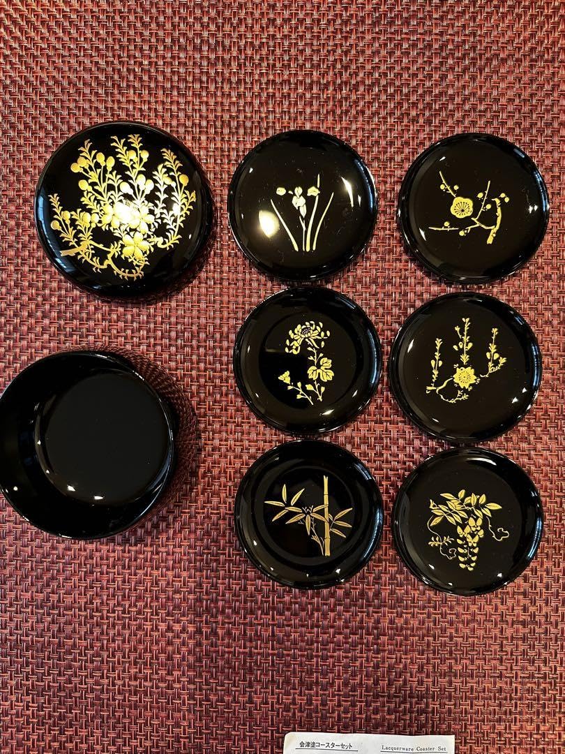 高級 会津塗 本金蒔絵 コースター 8枚セット　昭和前期　未使用品　収納容器付き 高級 会津塗 本金蒔絵 コースター 8枚セット 昭和前期 未使用品 収納
