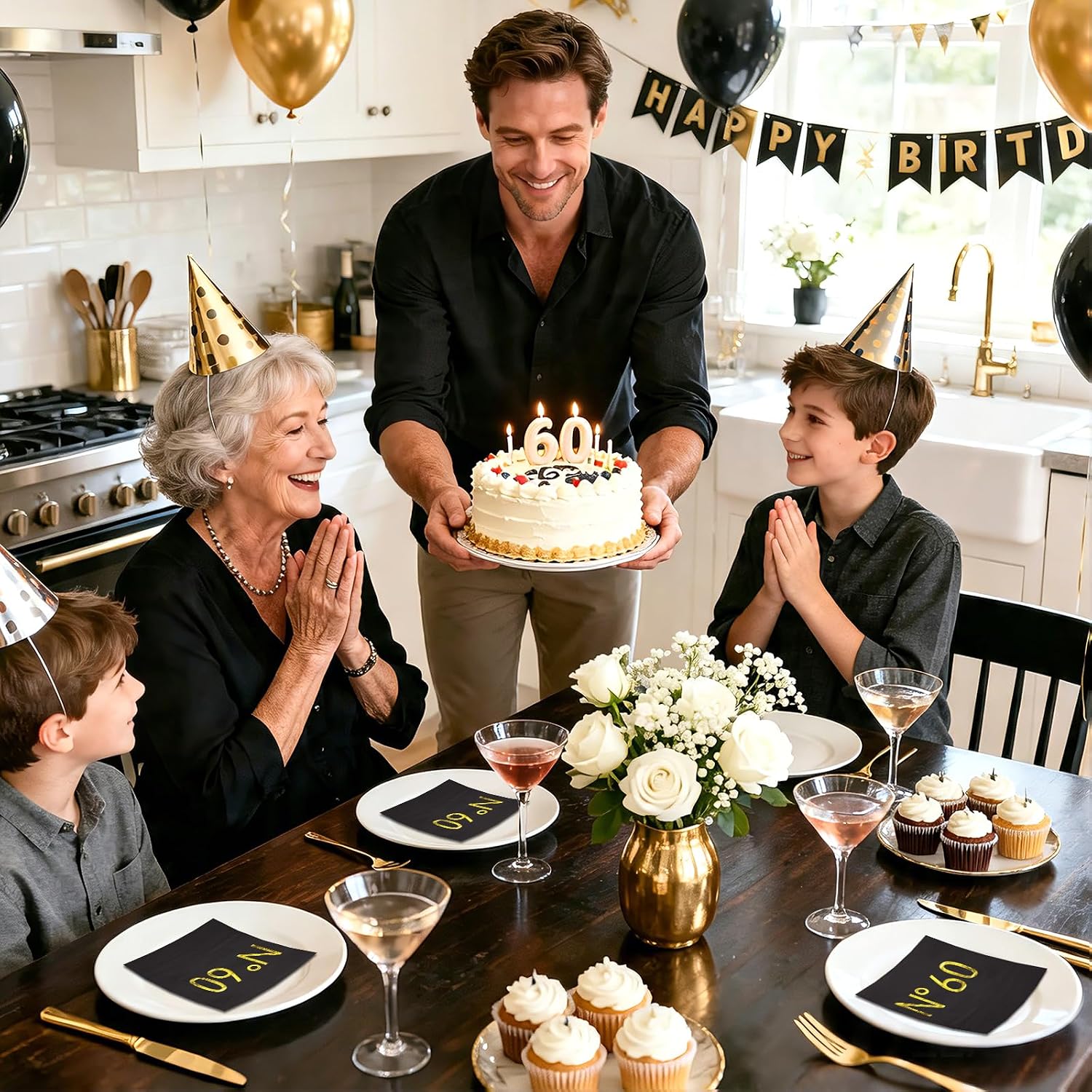 WRAPAHOLIC 25Pcs 60th Birthday Cocktail Napkins - 3-Ply Black and Gold Foil Number 60 Design Disposable Paper Napkins for Sixty Birthday and 60th Anniversary - 5 x 5 In