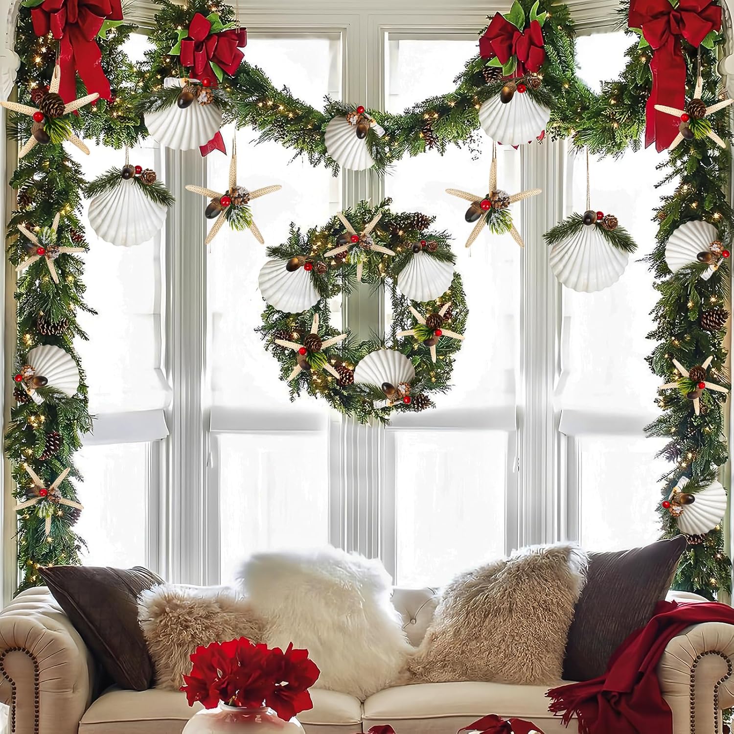 Seashell Starfish Ornaments for Christmas Tree 12PCS Handmade Natural Sea Shells & Starfish Crafts with Natural Pine Cones, for Christmas Decorations Coastal Beach Nautical Christmas Tree Ornaments - Image 6