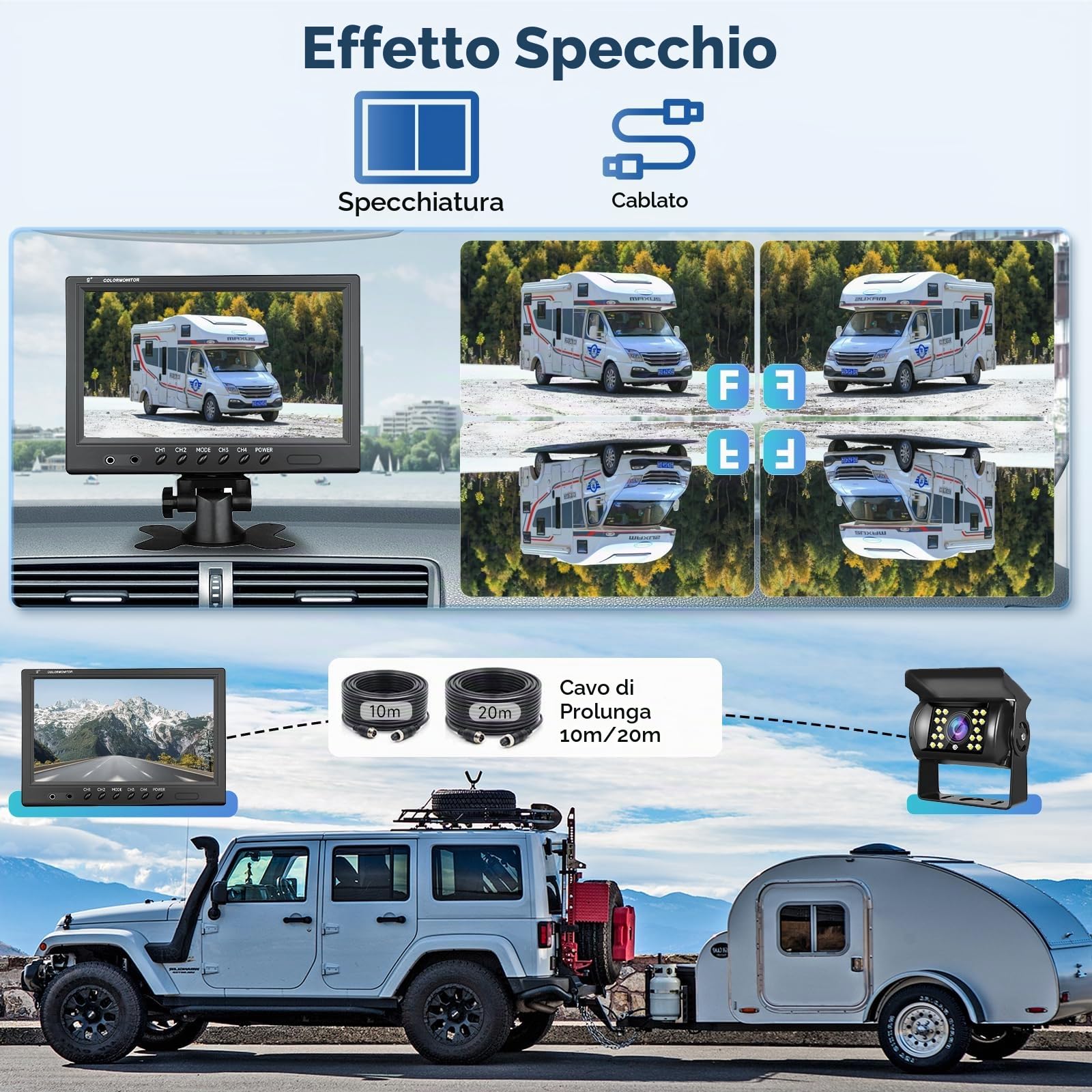 Podofo Telecamera Retrovisore 9'' Monitor 4 Telecamere Set 1/2/3/4 Schermo Diviso Ip68 Visione Notturna Impermeabile Per Camion/Rimorchio/Bus/Van Con 2x10m + Cavo 2x20m 4 Pin Interfaccia Aerea 12-24V
