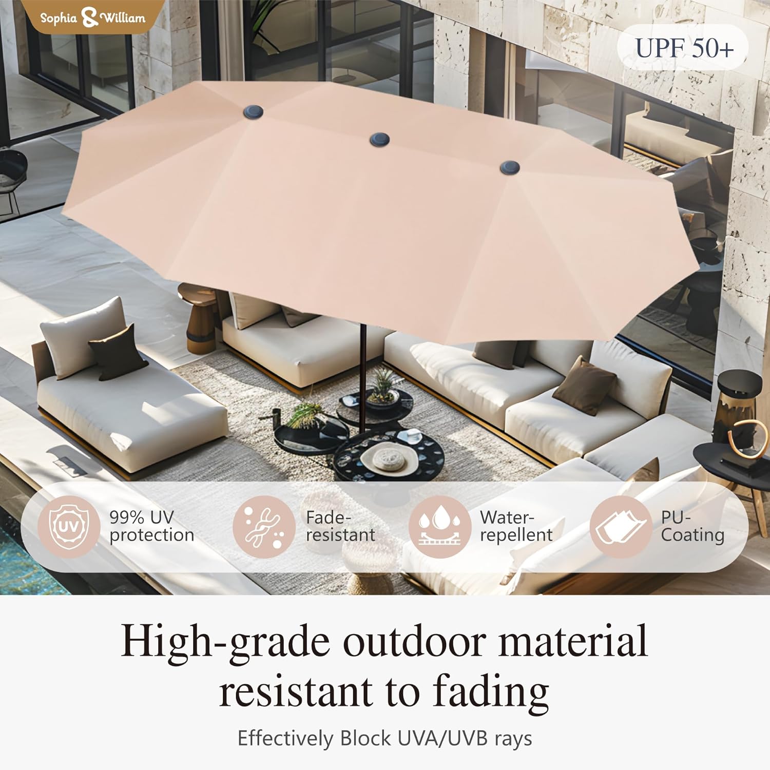 Sophia & William 7 Pieces Patio Dining Set with 13 ft Beige Double-Sided Umbrella, Outdoor Rattan Chairs & Metal and PVC Table Set with Cushion and 1.57" Umbrella Hole for Terrace Backyard Porch