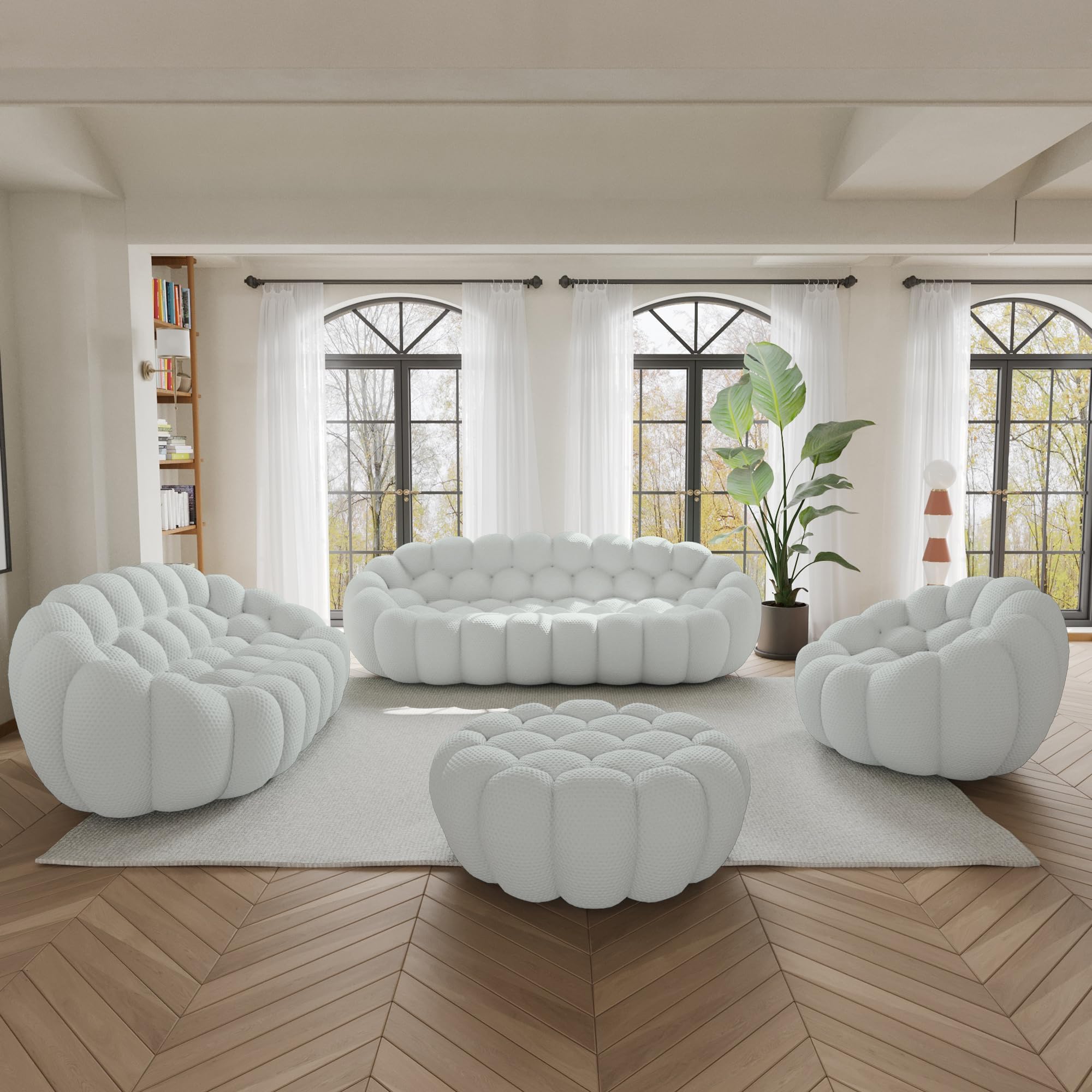 WJShome Modular Sectional Sofa,Bubble Couch Set,Modern Upholstered Bean Bag Sofa Couch with Ottoman,Mesh Fabric Lazy Floor Chair Living Roon Sets (Light Grey, 98.43"+79"+48"+42")