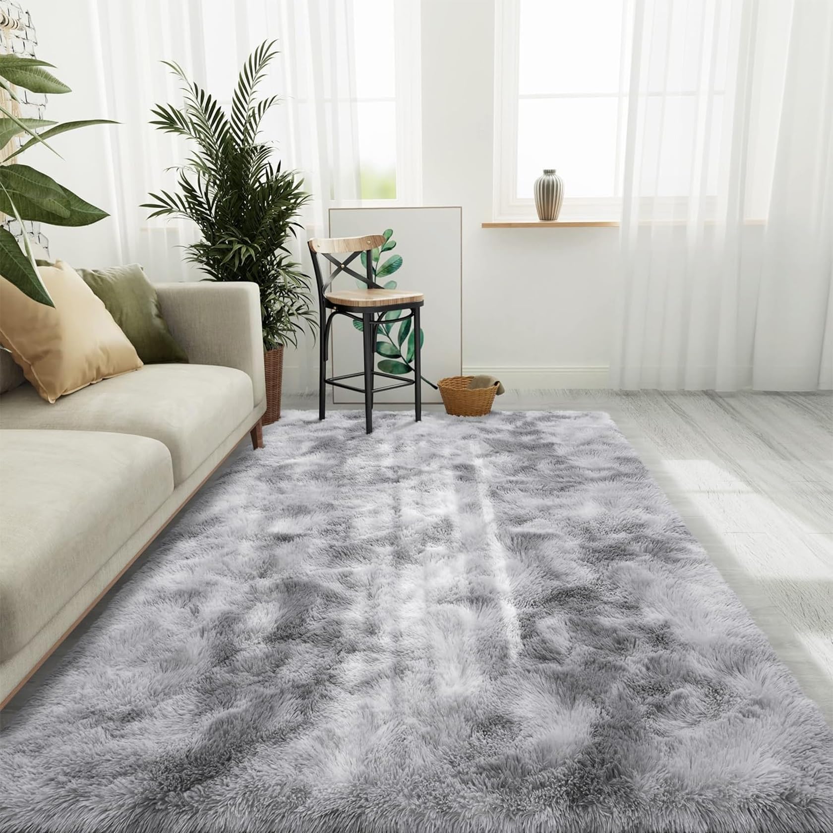 Alfombra de Pelo Largo para Sala de Estar 150 x 300 cm Parte Inferior Antideslizante,Suave Alfombra Esponjosa, Alfombra de Cama Varios Tamaños para Salón y Dormitorio, Gris Claro