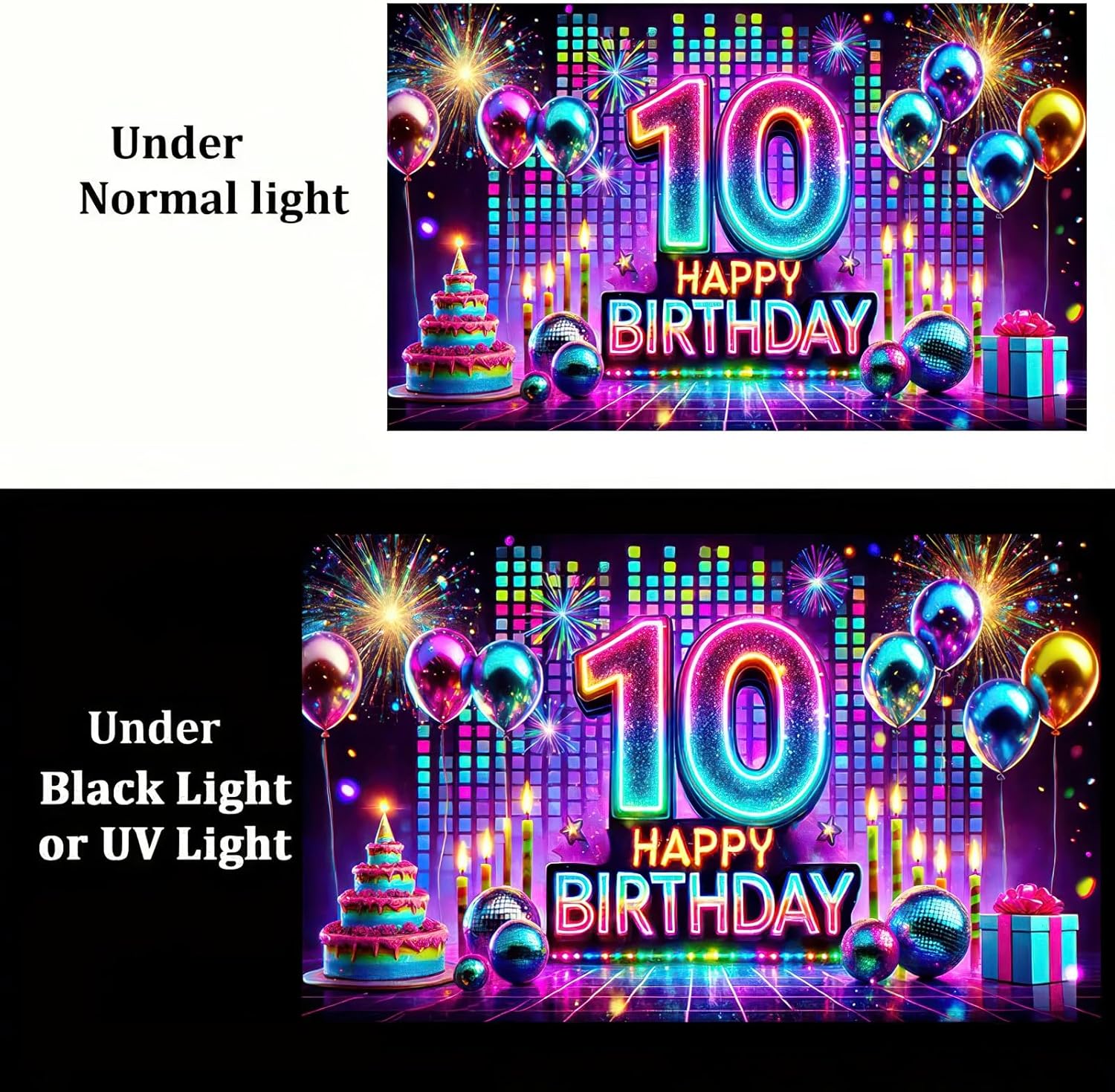 10th Happy Birthday Banner Glow in The Dark Party Photography Backdrops Neon Happy Birthday Party Banner Decoration for Kids Boys Girls Photo Backdrop Photo Prop 71x43 In UV Blacklight