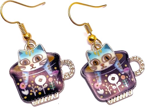 Cat Earrings, Super Cute Kitty in a Teacup Enamel Charm Beads on Nickel Free Gold Tone Hooks : 38mm long, Handmade Pet and Animal Lover Jewelry Gift