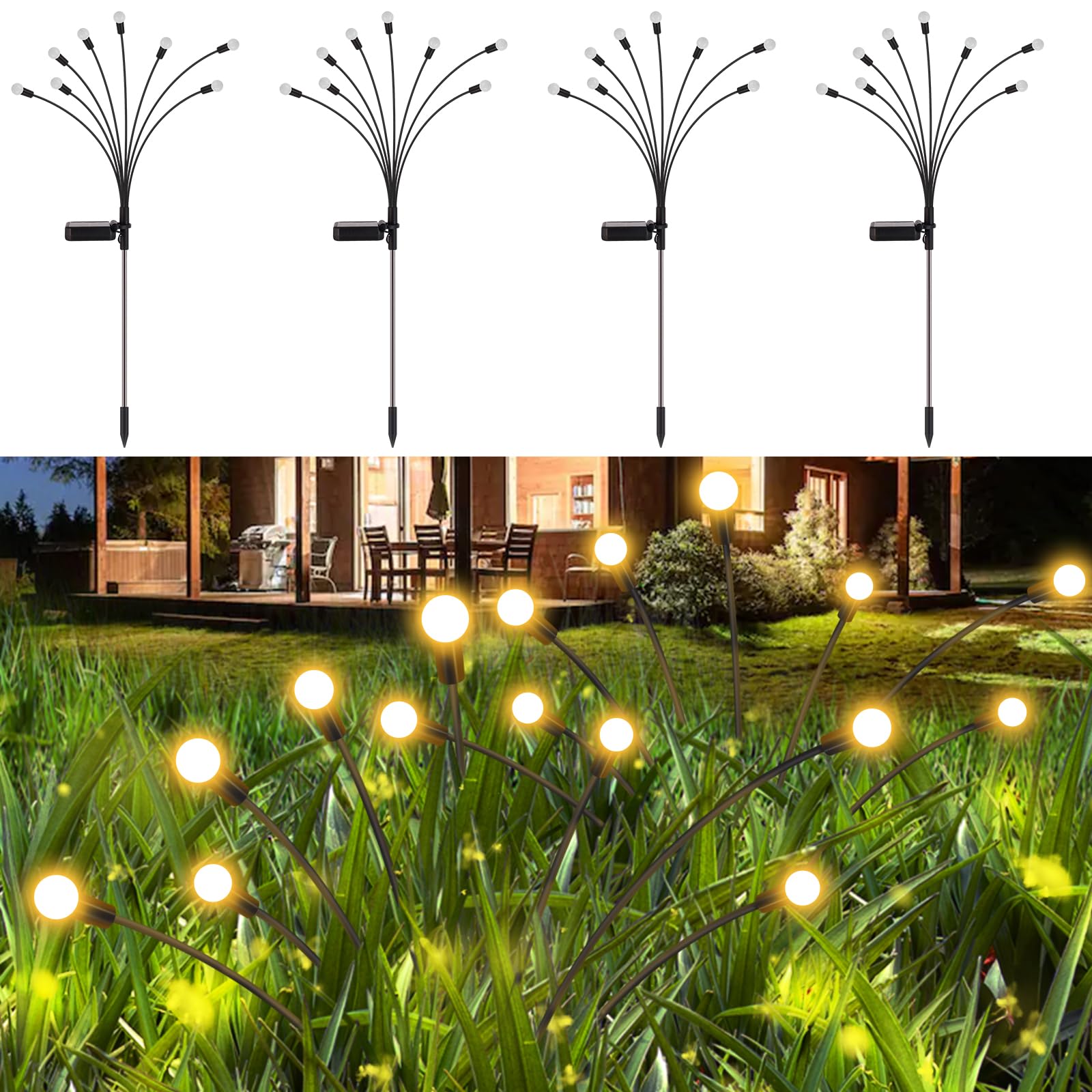 Solar Garden Lights Outdoor Waterproof, 4 Pack 32 LED Swaying Light Firefly Light Outdoor Decor Lights for Garden Gifts for Pathway Party Christmas Decoration, Warm White