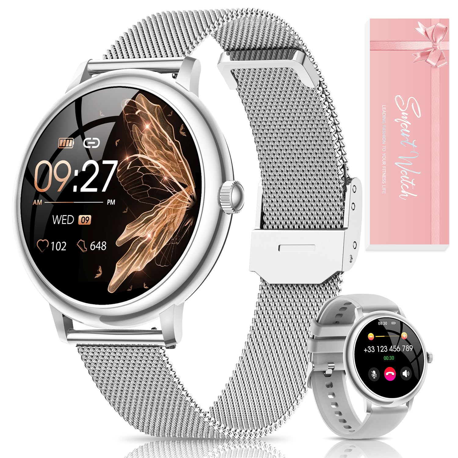 RUXINGX Women's Smart Watch, Round Elegant 1.19-Inch AMOLED Touch Screen, Smartwatch with Calls Female Function 120+ Sports Heart Rate Monitor SpO2 Sleep Pedometer Android iOS Christmas Gift Silver