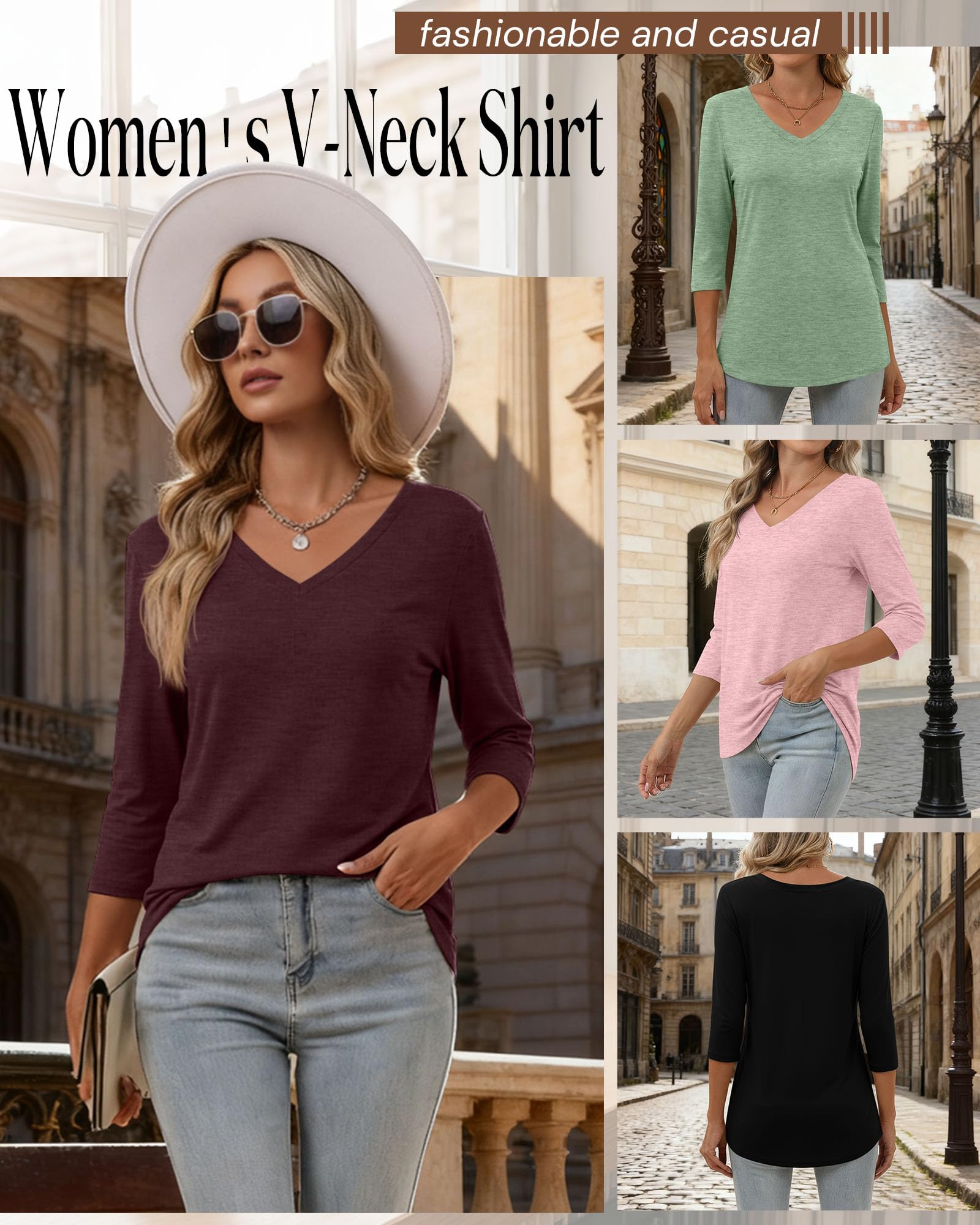 Ficerd Confezione da 4 Magliette da Donna a Maniche a 3/4 con Scollo a V, Top Casual in Cotone, t-Shirt Basic alla Moda