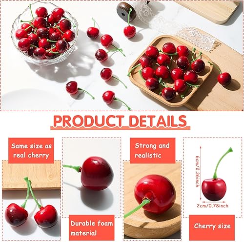 Miniatura 8 de Cerezas falsas, decoraciones de cereza artificial, cerezas, frutas, cerezas, fruta, cereza, modelo de fruta falsa para decoración de fiestas, hogar,
