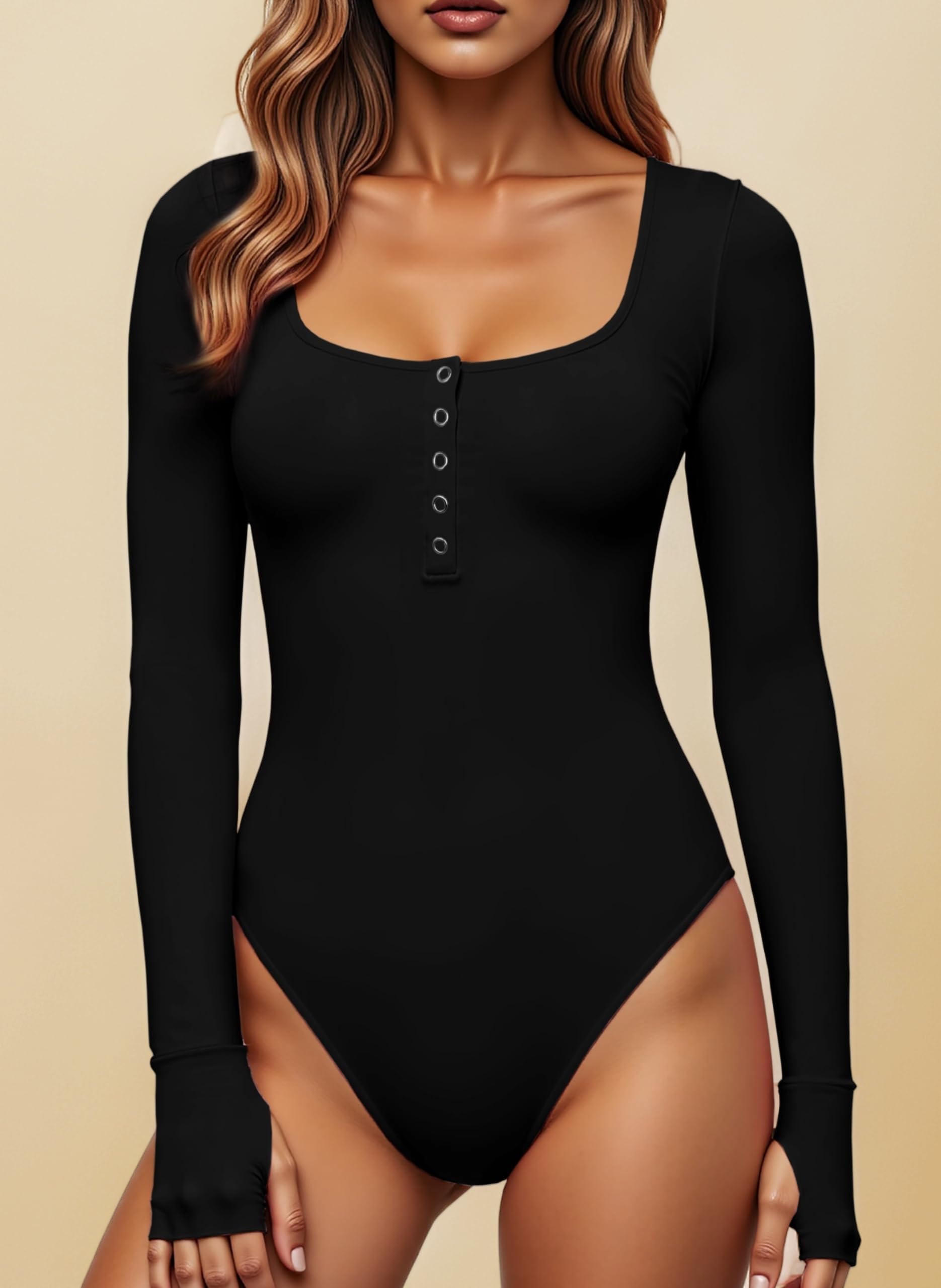 Women's Bodysuits, Press Stud Closure, Crew Neck, Long Sleeves, Casual Slim Cut Jumpsuit, Shirts Tops
