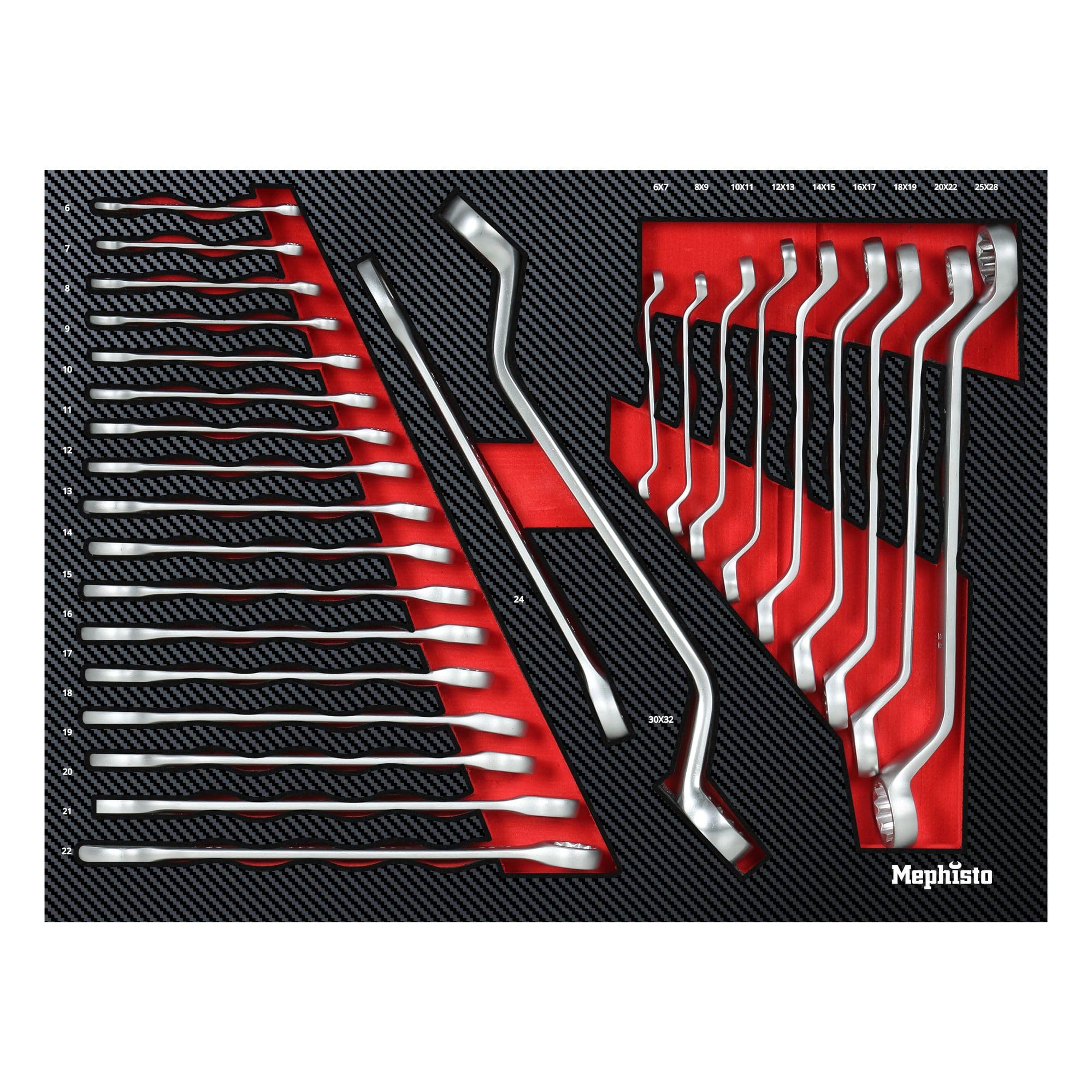 Mephisto Inserto per attrezzi Pro Line, chiave ad anello doppia | Set di attrezzi per carrello da officina, set di chiavi combinate, 40 pezzi, metriche, con inserto morbido, effetto carbonio