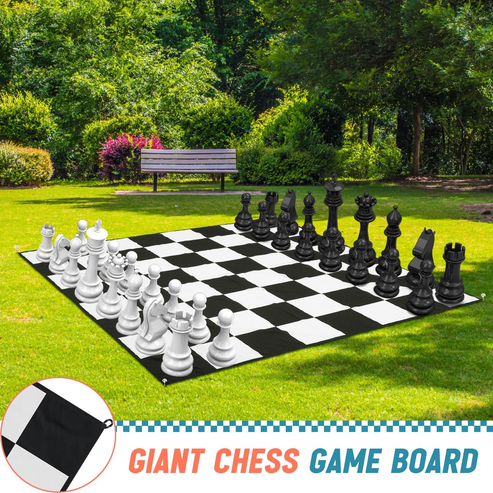 Tappetino gigante da gioco di scacchi da 2,7 x 2,7 m, in nylon, per esterni, con 4 chiodi a terra e borsa portaoggetti, compatibile con set di scacchi giganti da 63 cm, 94 cm e scacchi giganti