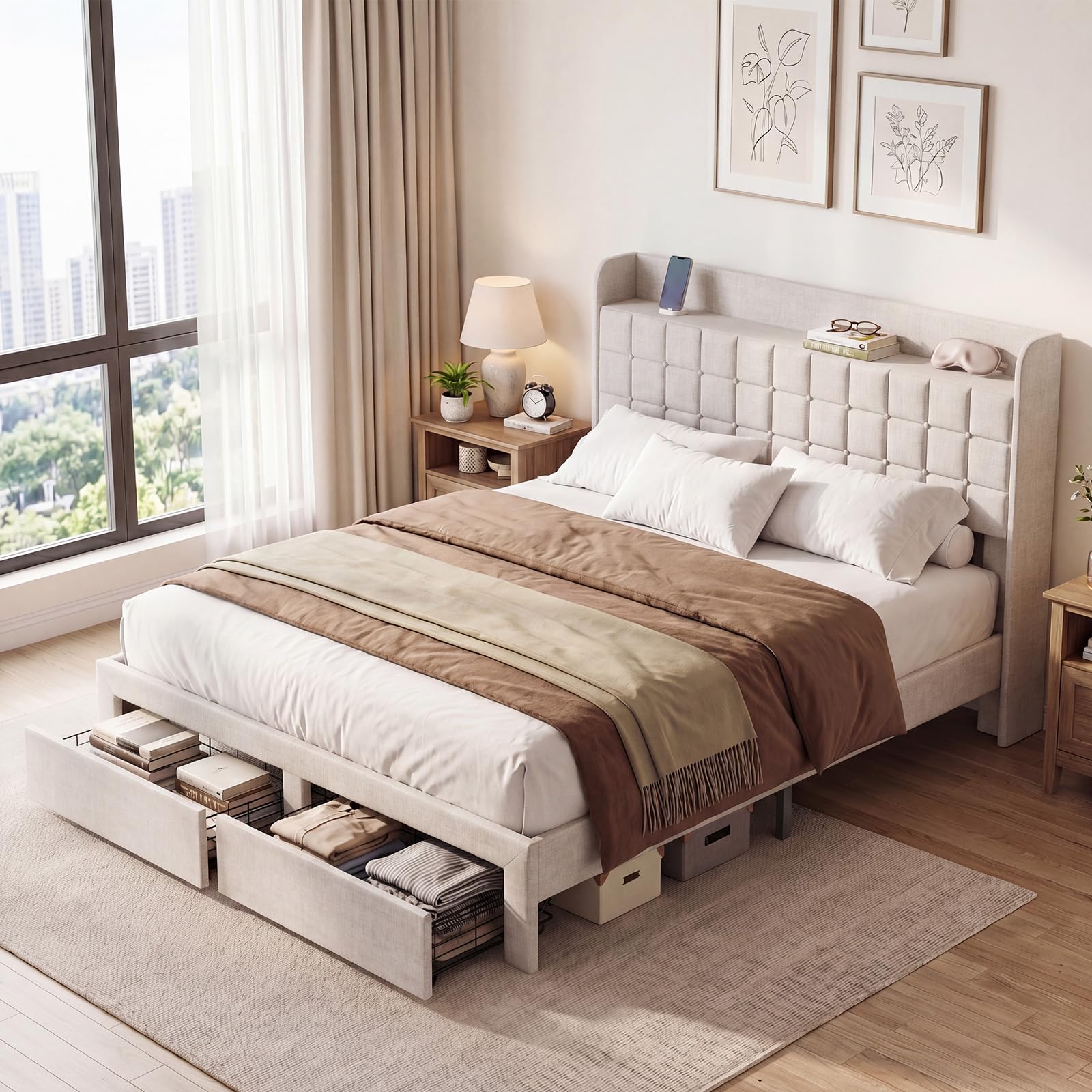 DUMOS Queen Size Upholstered Platform Bed Frame