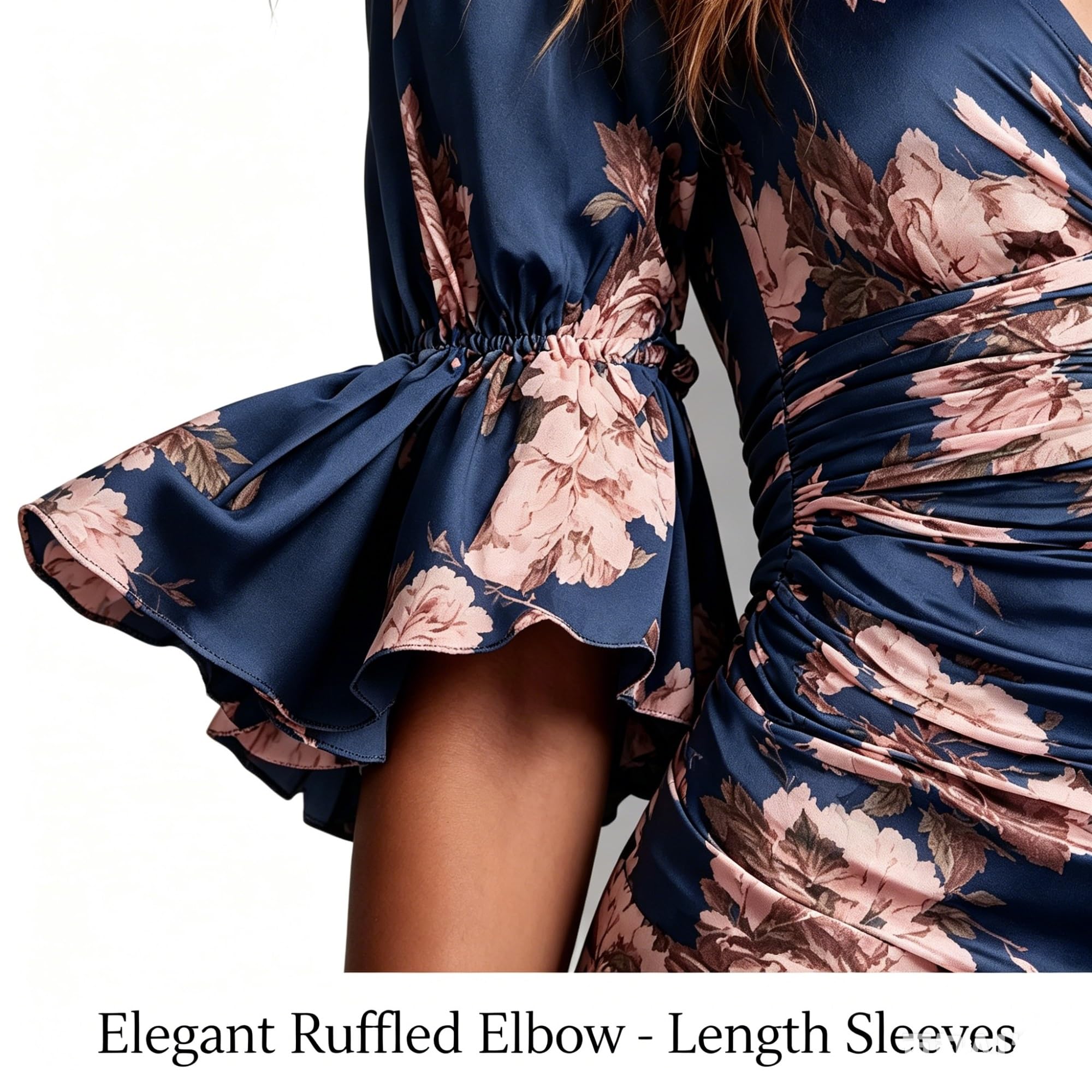 Abito Lungo Maxi Donna Floreale Raso e Chiffon, V con Volanti Vita arricciata per ospite Matrimonio Cocktail e Serata