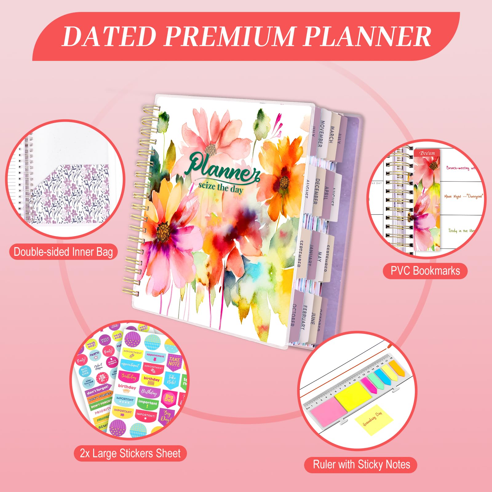 Grande agenda giornaliera in PVC 2024-2025 24,9 x 21,6 cm, 18 mesi giornaliera settimanale mensile planner annuale luglio 2024-dicembre 2025, planner 2024-2025 per donne e uomini, linguette mensili