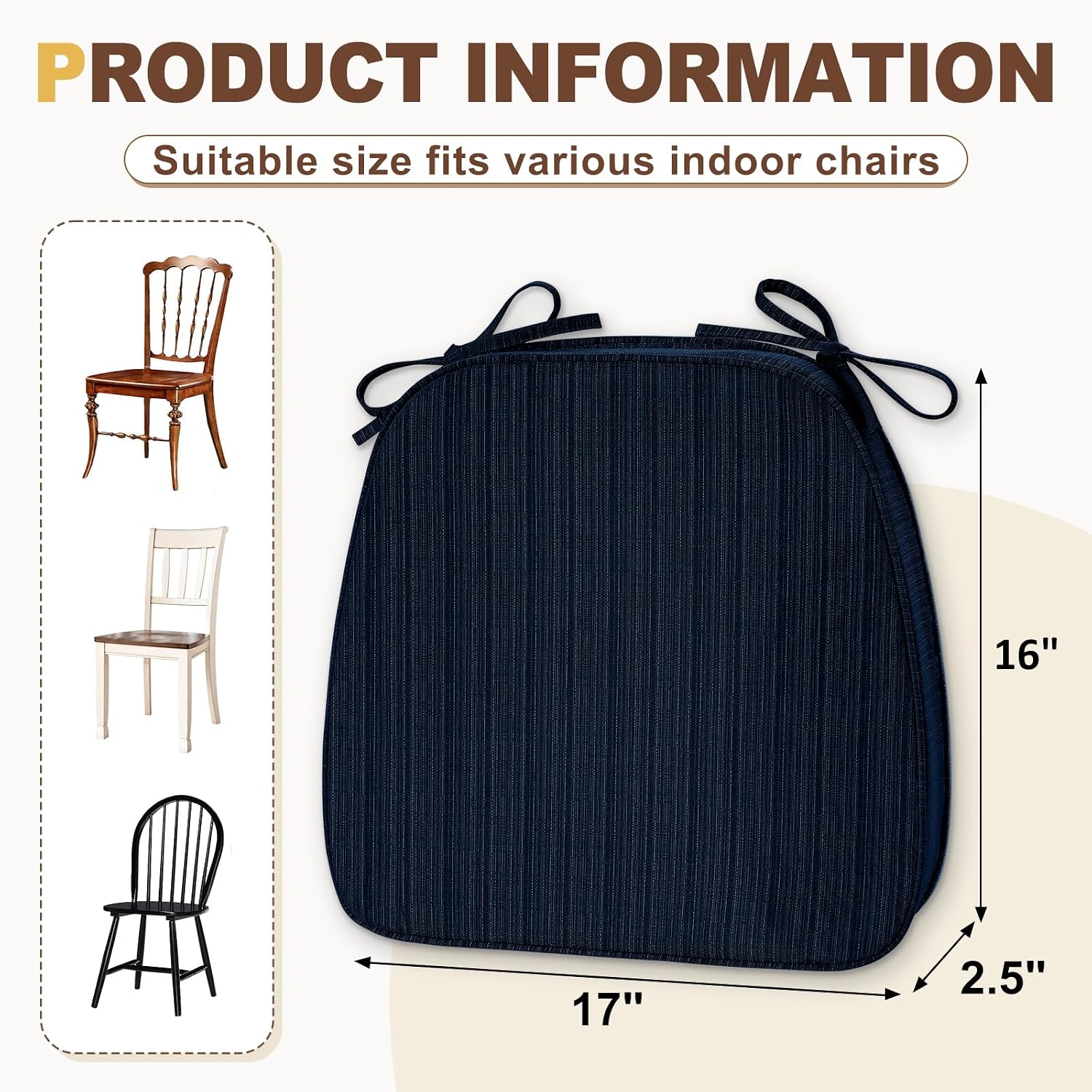 downluxe Chair Cushions for Dining Chairs, Waterproof Kitchen Chair Pads, Non-Slip Dining Seat Cushion with Ties, 17" x 16" x 2.5", Navy, 6 Pack