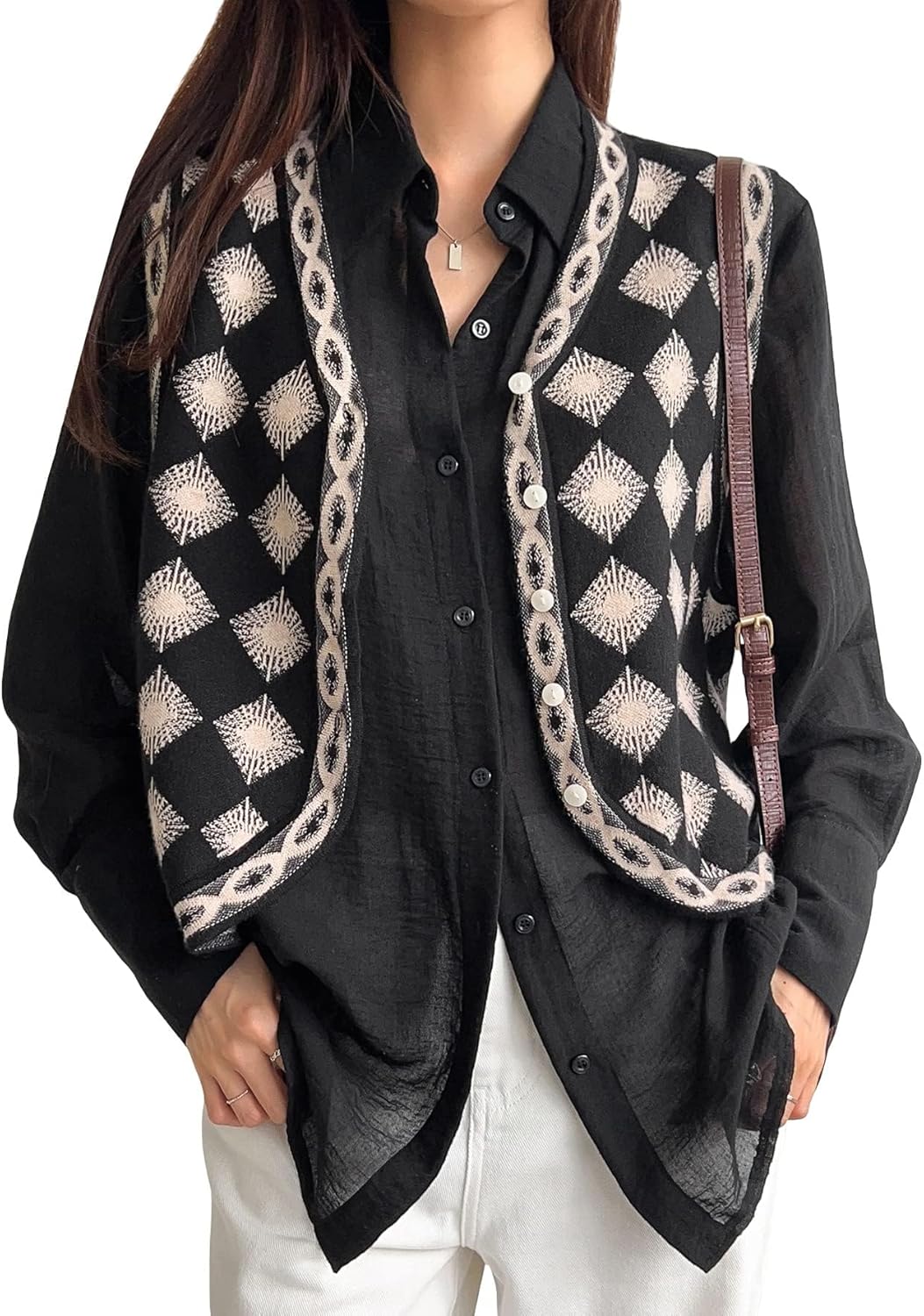 Floerns Women's Argyle V Neck Button Front Cardigan Sleeveless Knit Sweater Vest