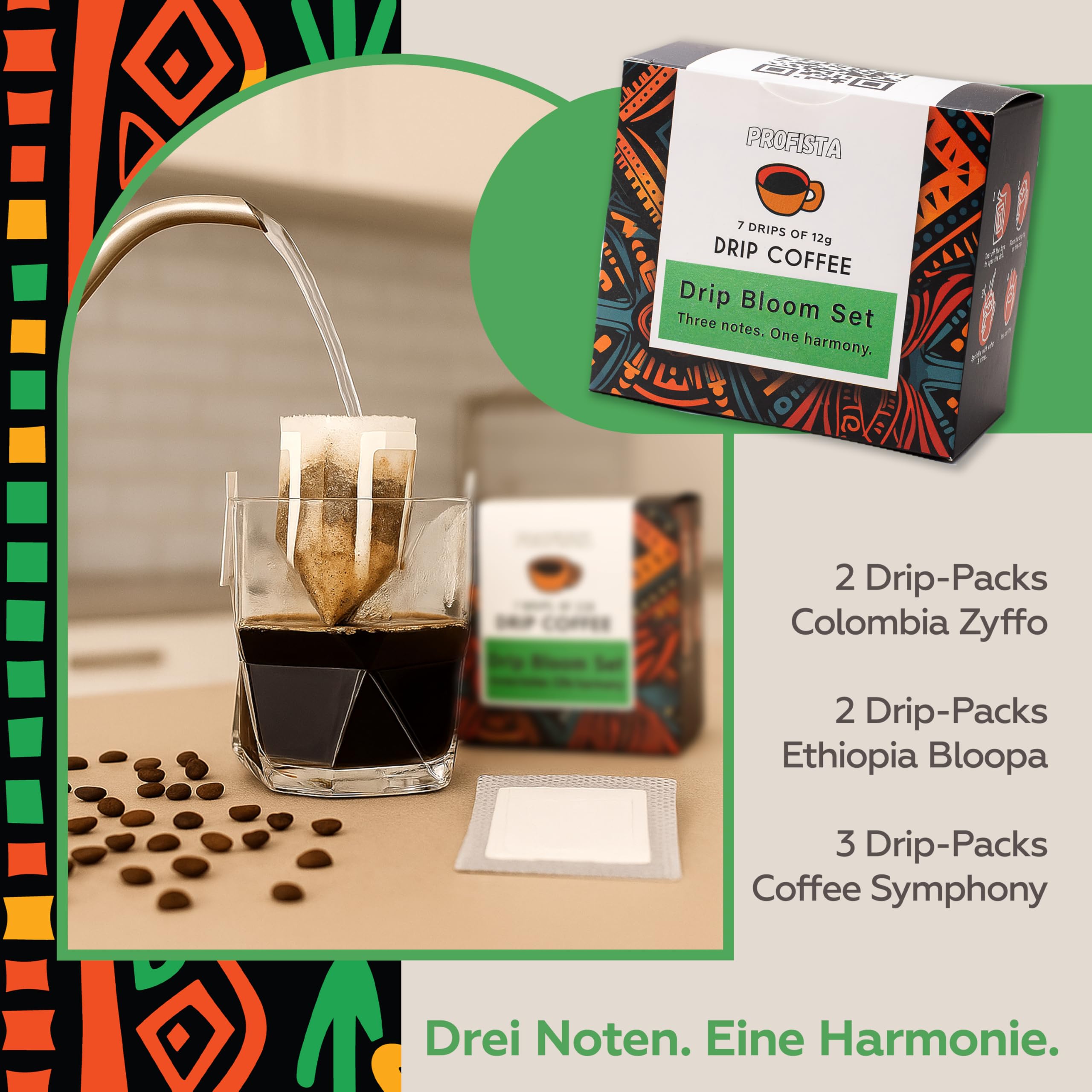 Premium Drip Coffee Geschenk- & Tasting-Set Ethiopia Bloopa 7 + Symphony 7 + Bloom Set 7 + Colombia Zyffo 7 | 28 Arabica Drip Coffee Portionsbeutel