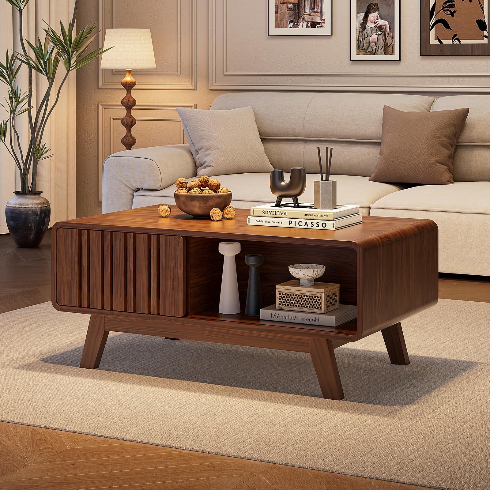 ONBRILL Coffee Table Mid Century Modern Table with Storage Compartment Fluted Table with Sliding Cabinet Door Farmhouse Wood