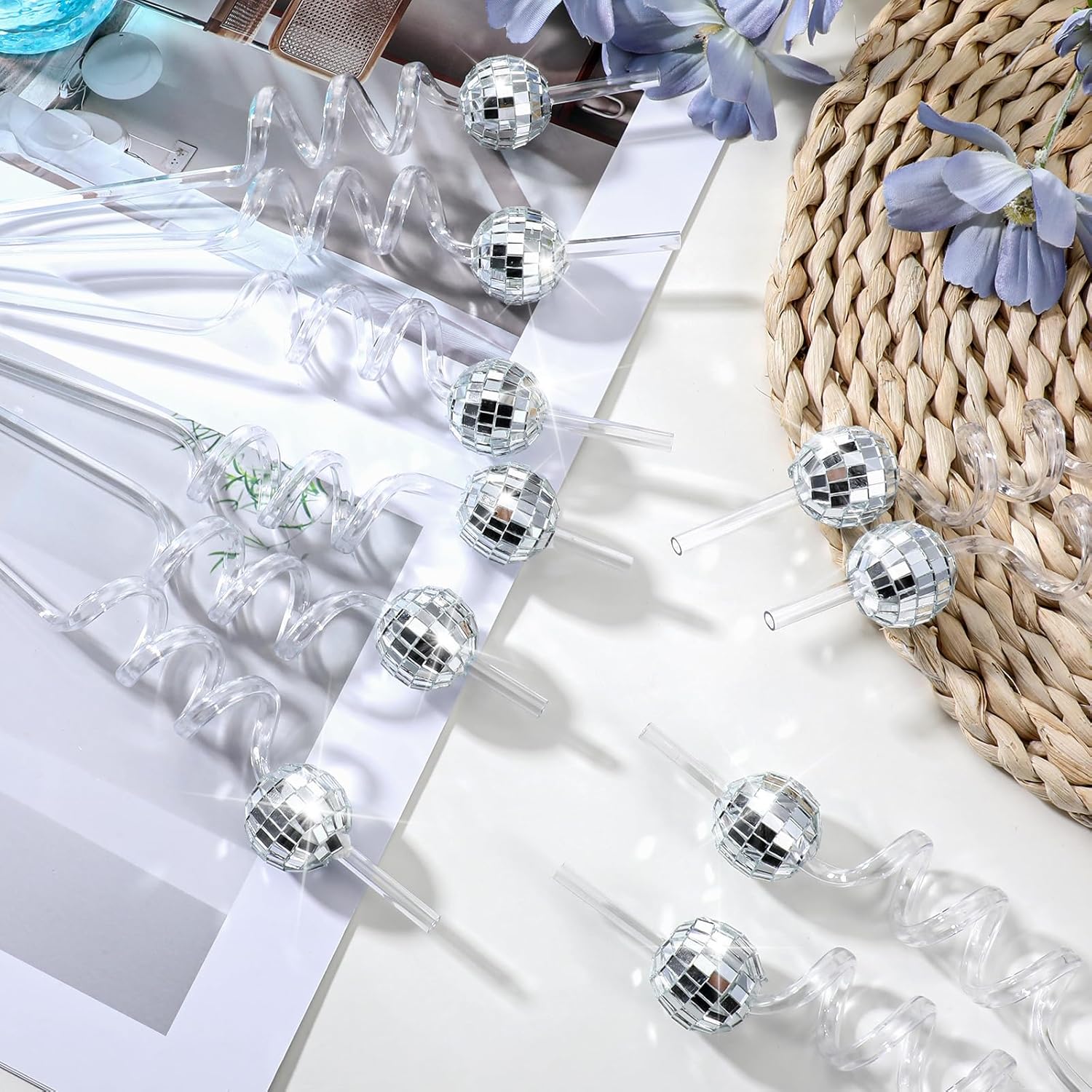 50 Pcs Disco Ball Straws, Reusable 70s Retro Mini Glitter Mirror Silver Disco Ball Party Decorations Straws, Mini Balls Decor Reusable Straw, for 1970s Retro Bar Wedding Birthday Halloween Party