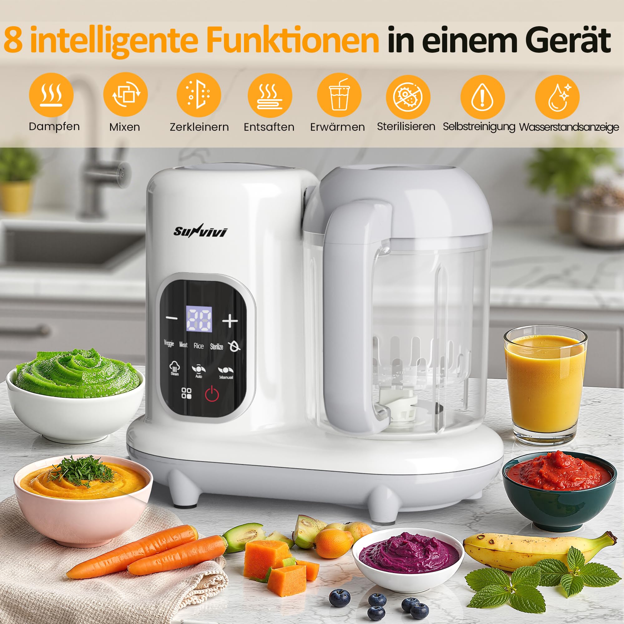 Sunvivi Babynahrungszubereiter 8-in-1 mit Dampfgarer und Mixer, 350g Große Kapazität Baby Food Maker, Multifunktionaler Babybrei Zubereiter mit LCD-Display, Sterilisator, Wärmer und Auftaufunktion