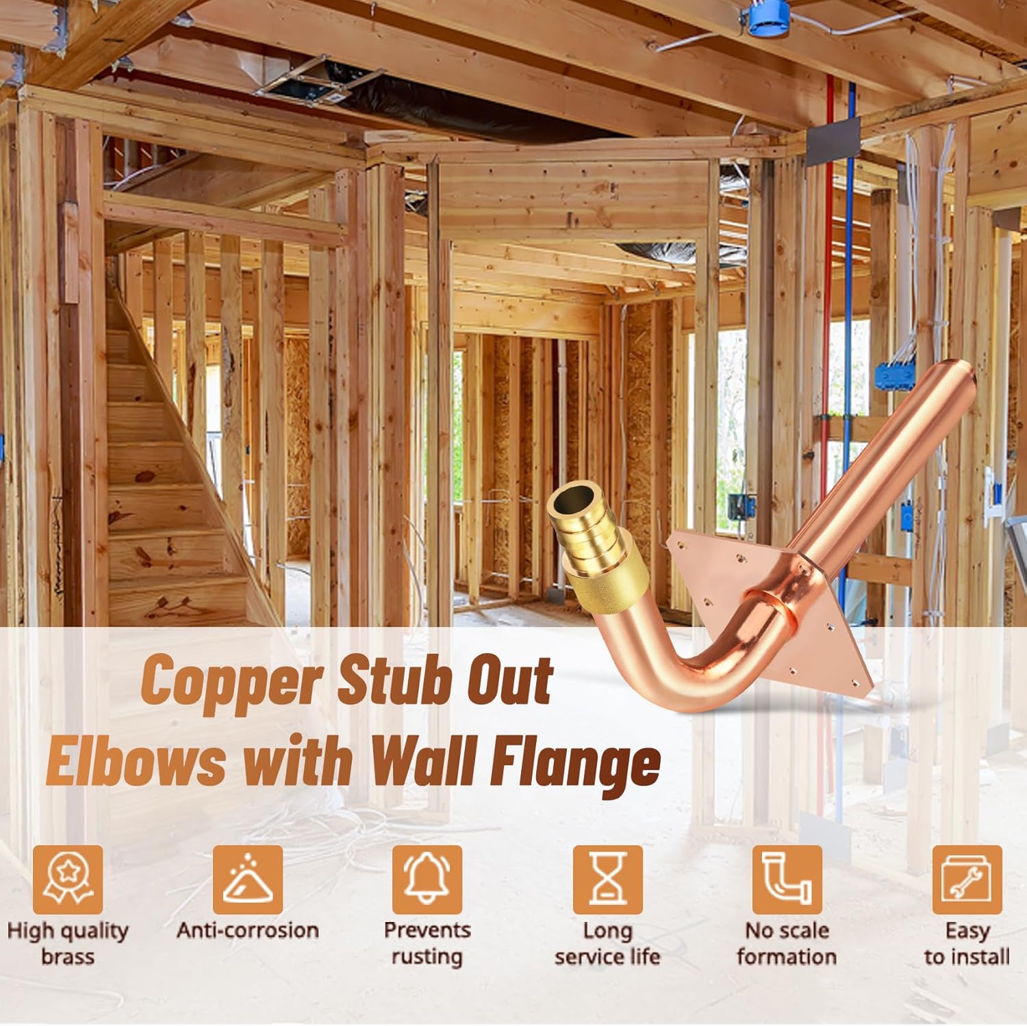 Pack of 10 Copper Stub Out Elbows with Wall Flange PEX-A Stub Out 1/2’’-8inch Lengh- Easy to Install, Lead-Free-PEX-A Stub Out Accessories,Barb Crimp PEX-A Copper Stub Out Elbow with Wall Flange