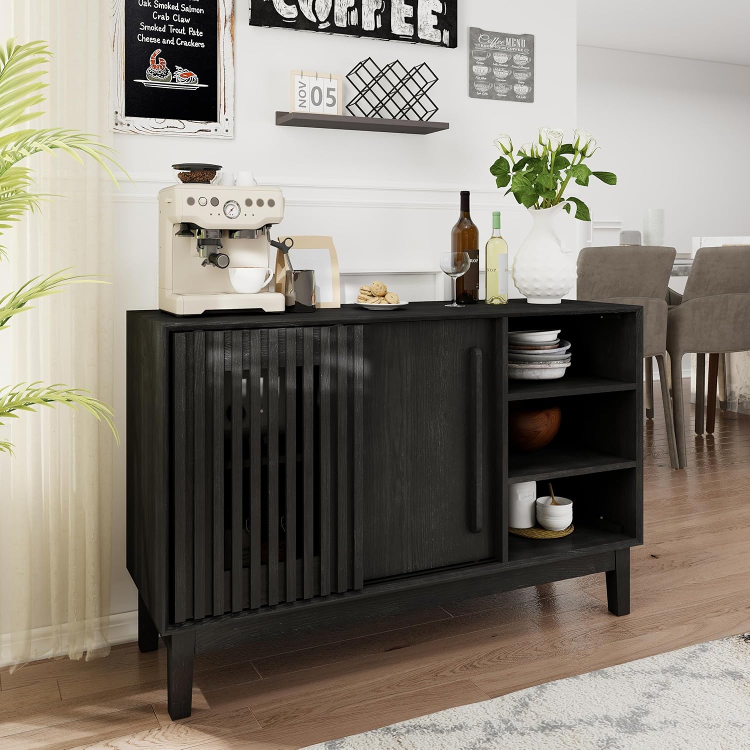 LKTART 47.3" Sideboard Buffet Storage Cabinet with Sliding Doors,Solid Wood Legs,TV Media Console for Kitchen,Dining,Living Room,Entryway,Black