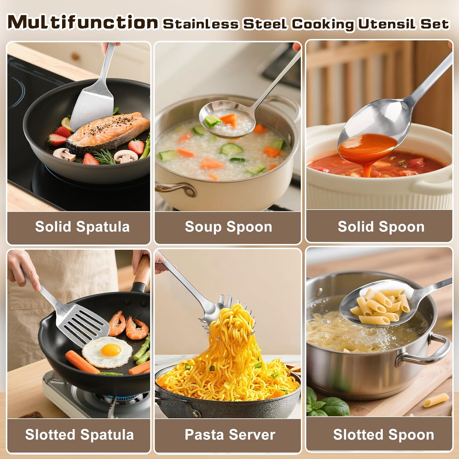 9 Pcs Cooking Utensils Set, Stainless Steel Kitchen Utensils, Heat Resistant Metal Kitchen Tools Include Solid & Slotted Turner Wok Spatula, Serving Spoon, Ladle, Pasta Server, Meat Fork, Tongs Silver