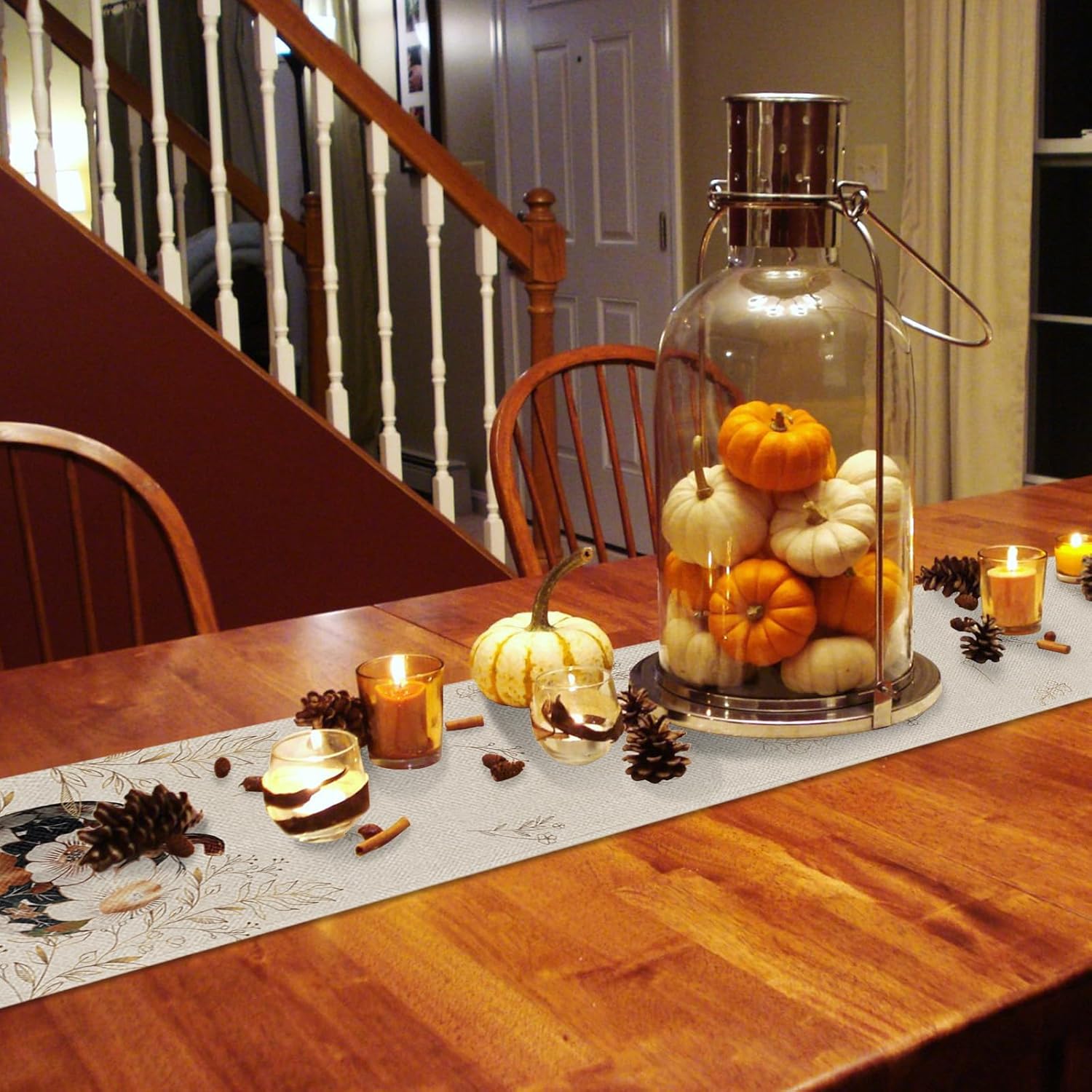 Thanksgiving Table Runner Fall Pumpkin Flower Texture Linen Table Dresser Scarf Gold Leaves Autumn Kitchen Dining Home Farmhouse Holiday Party Tables Decoration,13x70in