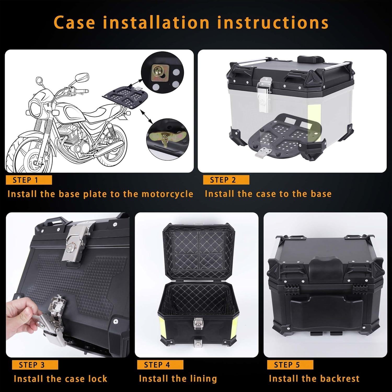 Motorcycle Top Case 45L Trunk Tail Box Bag Aluminum alloy handle with Leather Lining Anti-Theft With Double Lock Waterproof Dustproof Easy Installation with Universal Bracket Black